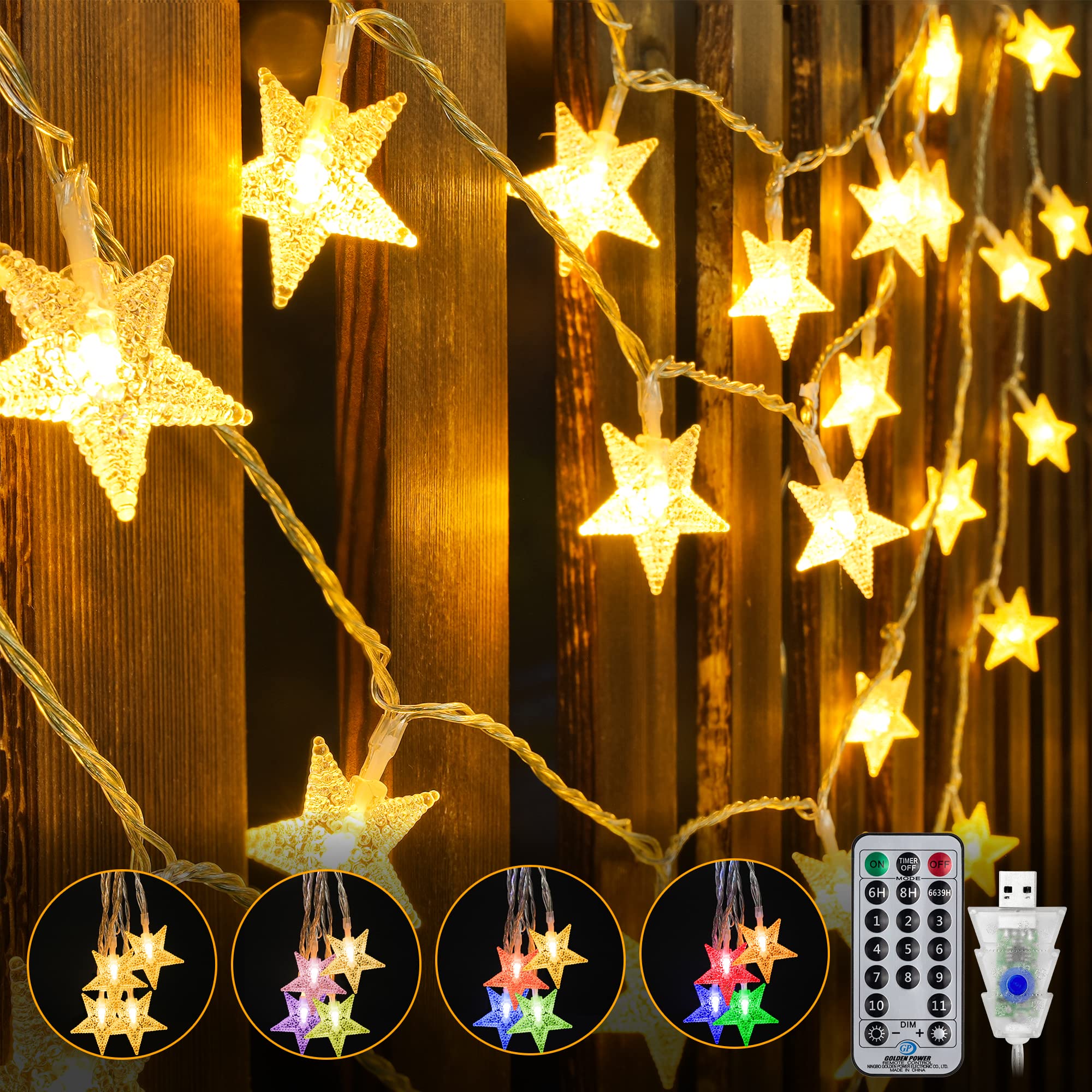 Ollny Fairy Lights, Outdoor String Lights 15M 100 LED 11 Modes USB Powered, Waterproof Twinkly Light for Bedroom Indoor Outside Garden, Christmas Tree Lights with Remote,Star Light Warm White & Colour