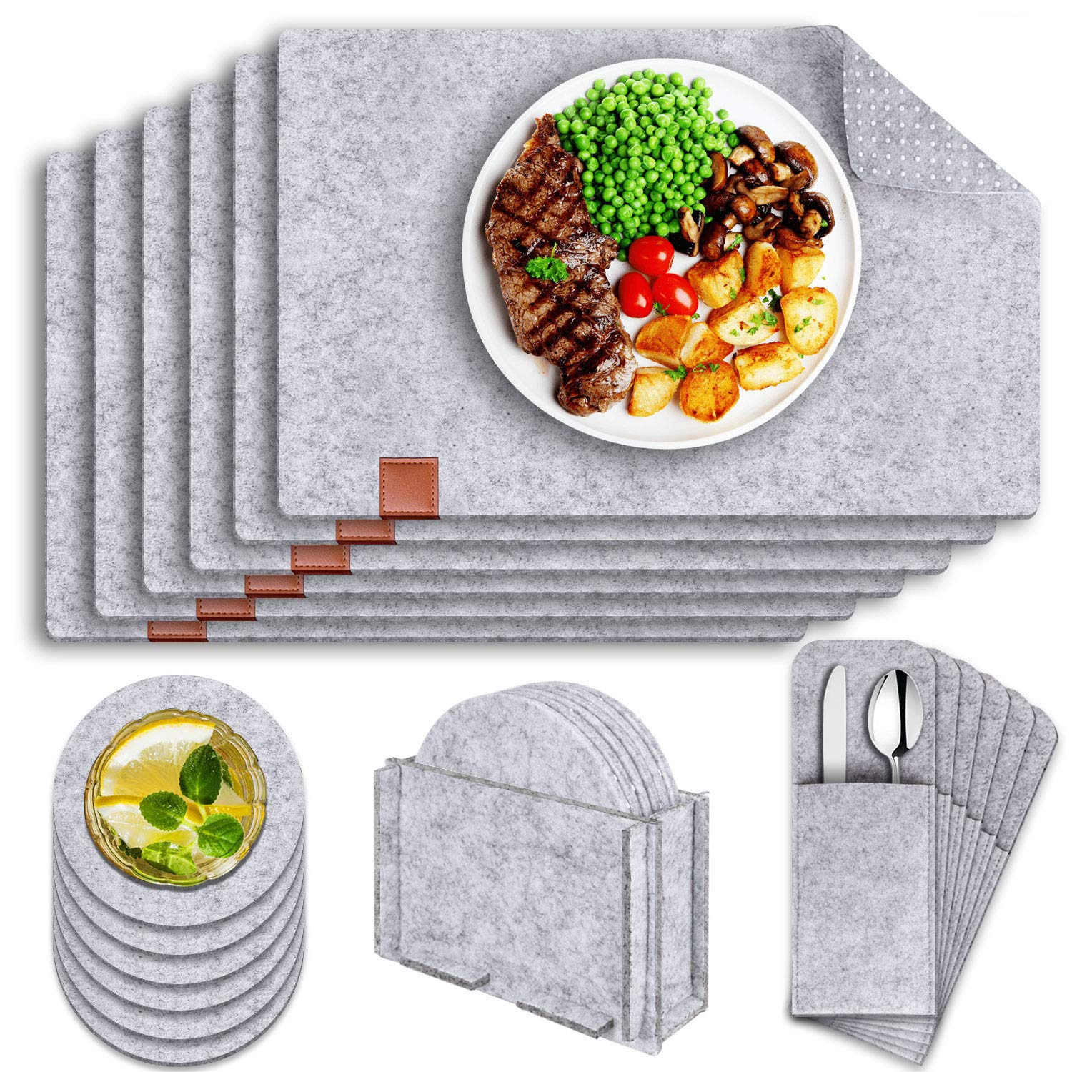 Jubor Non-Slip Felt Placemats, 19 Pcs Washable Felt Table Mats, Place Mats with Coasters, Cultery Bags And Storage Box, Heat-Resistant and Wipeable Placemat Set for Dining Party Home Restaurant