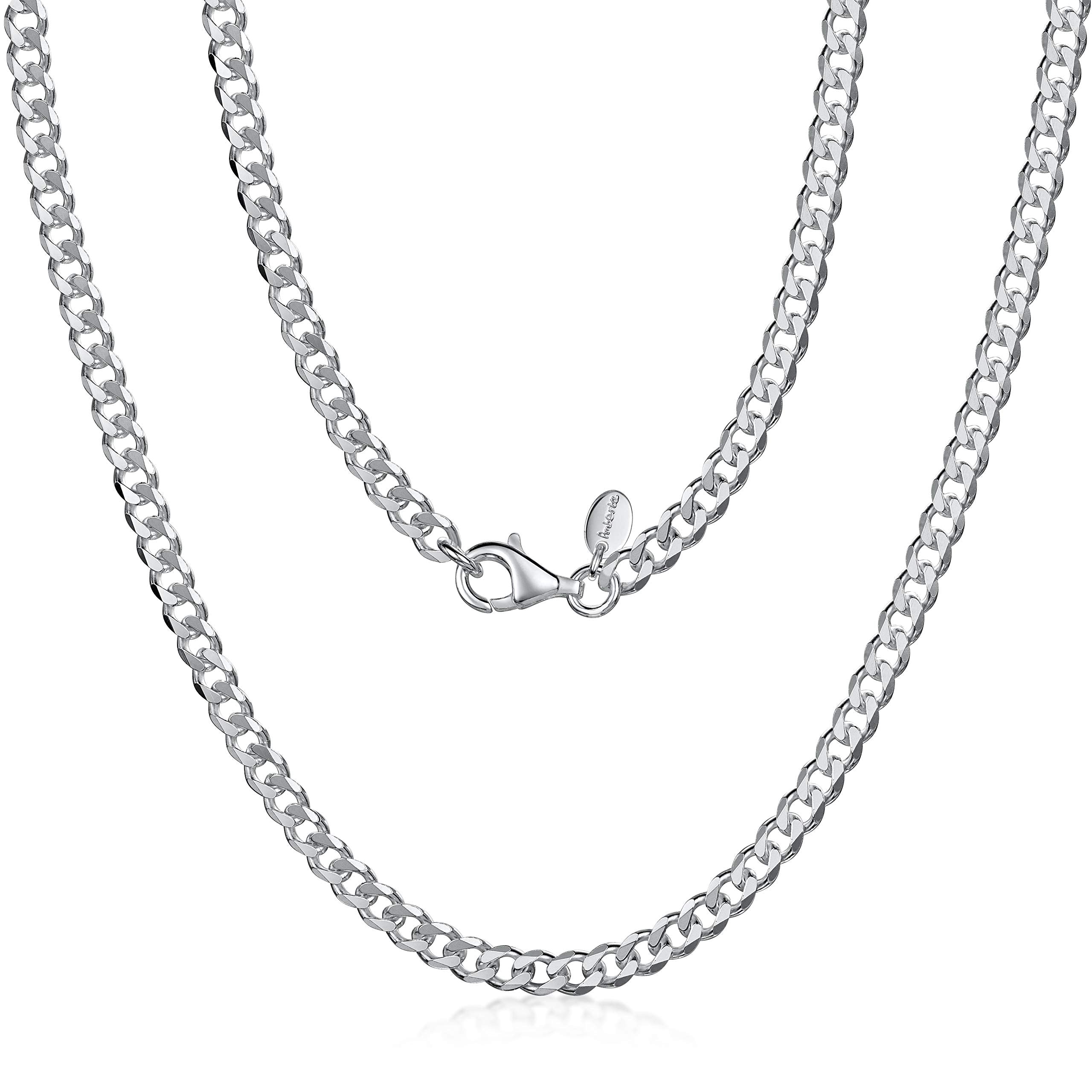 Amberta 925 Sterling Silver Necklace for Men - Flat Cuban Curb Chain 3.7 mm Thick - Sizes: 18" 20" 22" 24" 26" 28" in