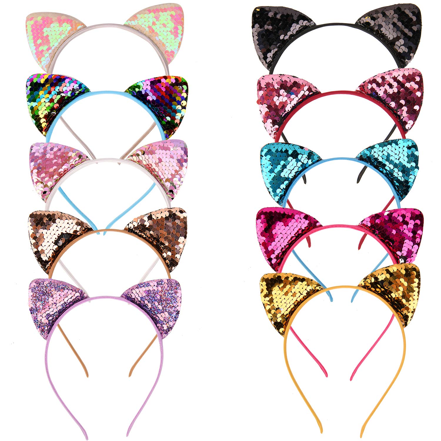 10 Pieces Cat Ears Headbands Sequins Kitty Cats Crown Fluffy Hair Hoop Hair Accessories for Women Girls Daily Life and Party Supplies