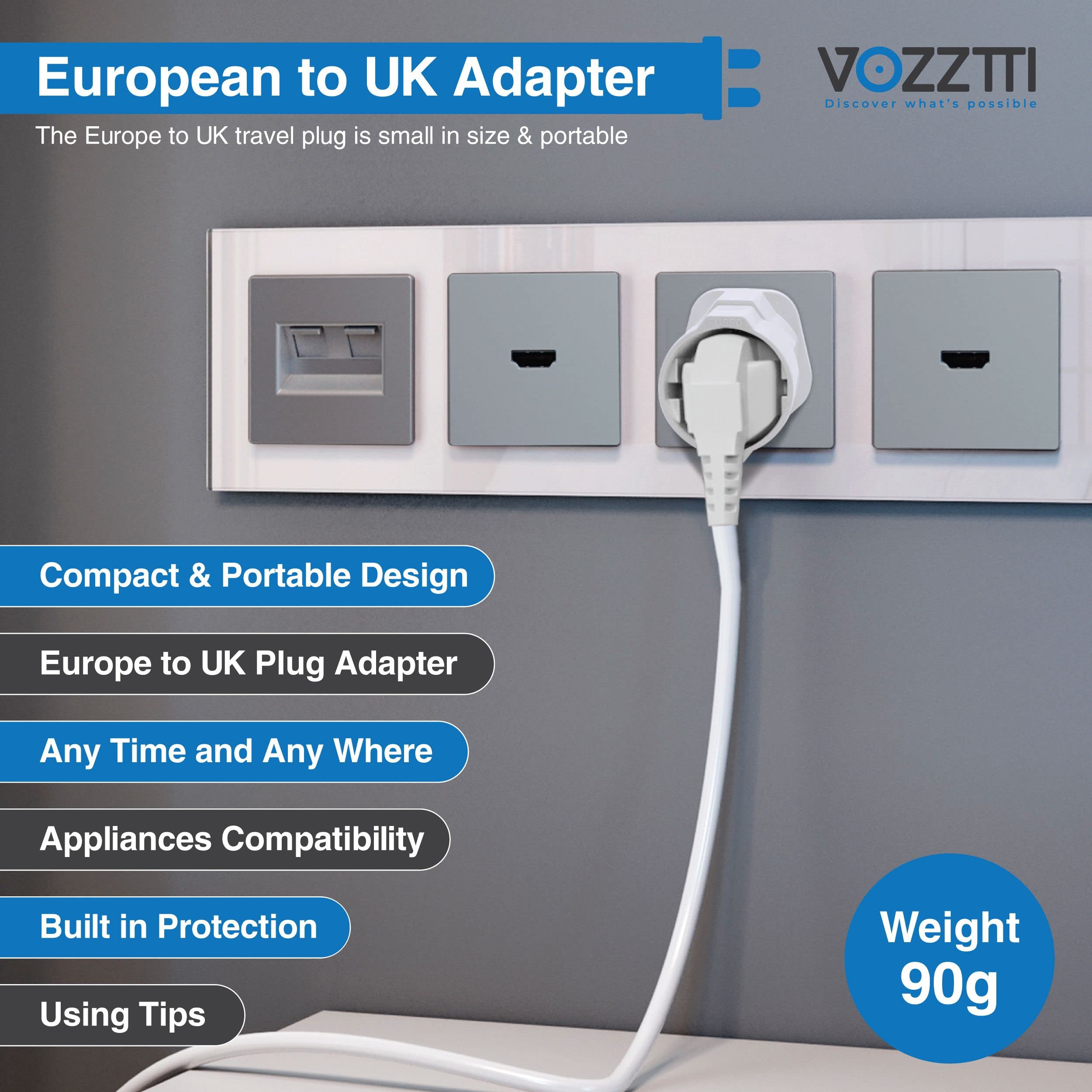 VOZZTTI Eu To UK Plug Adaptor- Single Pack, 2pin to 3pin Adapter Plug UK, Travel Adapter Eu Plug Adapter from European Europe Euro France, Italy, Spain, Germany to British – White