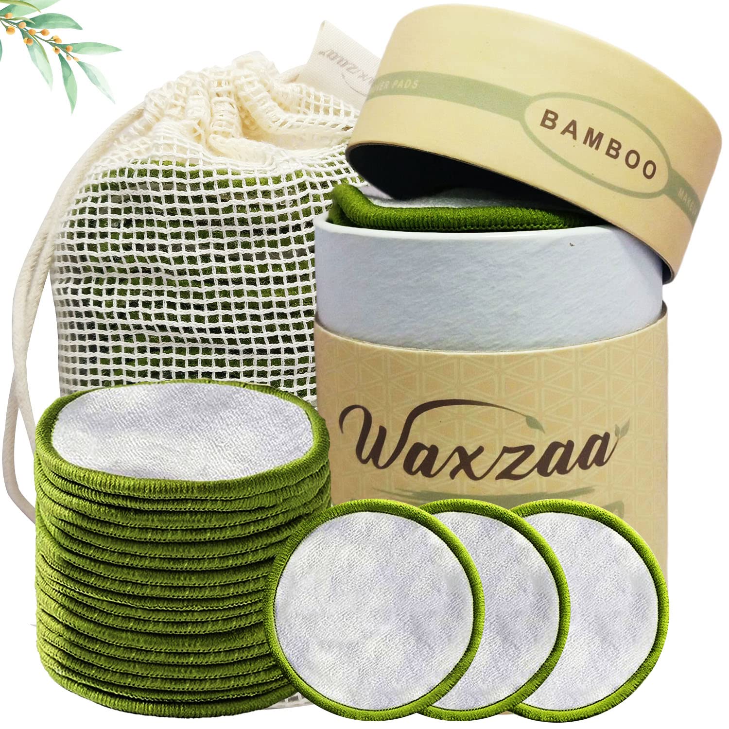 Waxzaa Reusable Makeup Remover Pads 23 Pack 100% Organic Reusable Cotton Pads Bamboo Face Pads with washable Laundry Bag & Storage, Eco Friendly Face Beauty Products for All Skin Types Adults & Kids