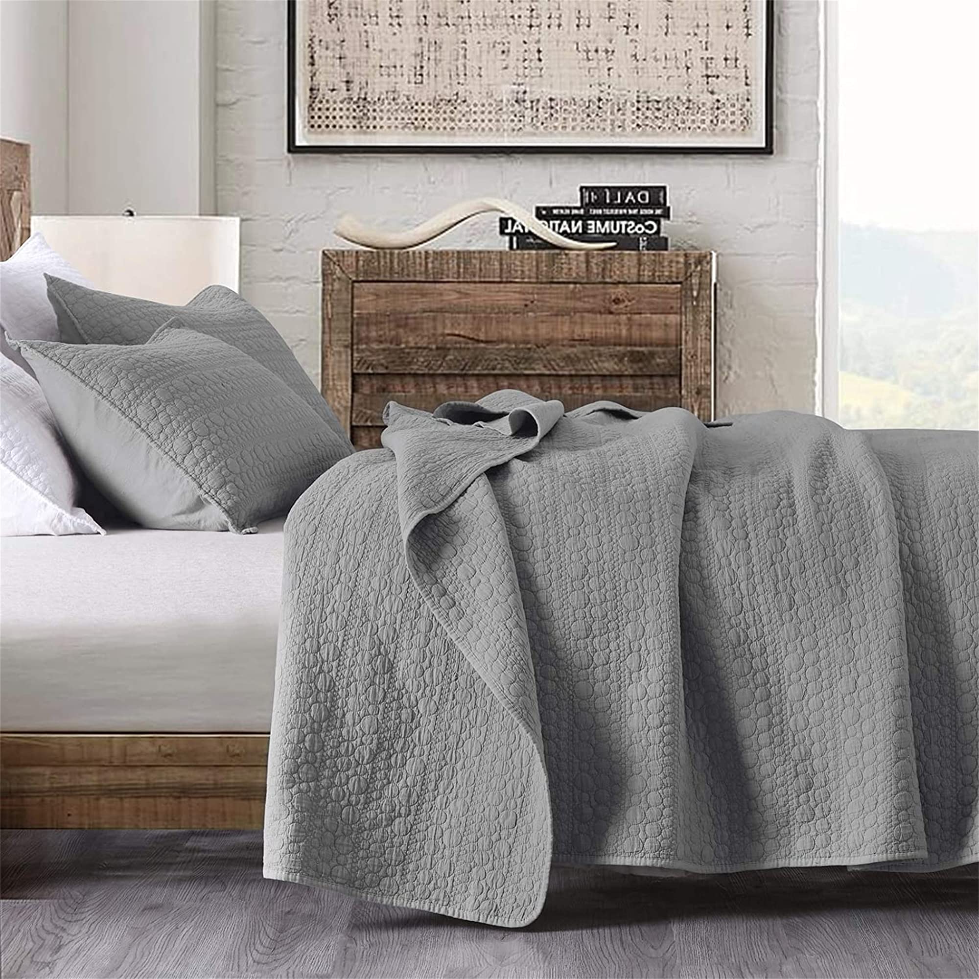 HORIMOTE HOME Bedspread SuperKing Size Grey, Classic Geometric Spots Stitched Pattern, Stone Washed Microfiber Chic Rustic Look, Ultra Soft Lightweight Quilted Bedspread for All Season, 3pcs Set