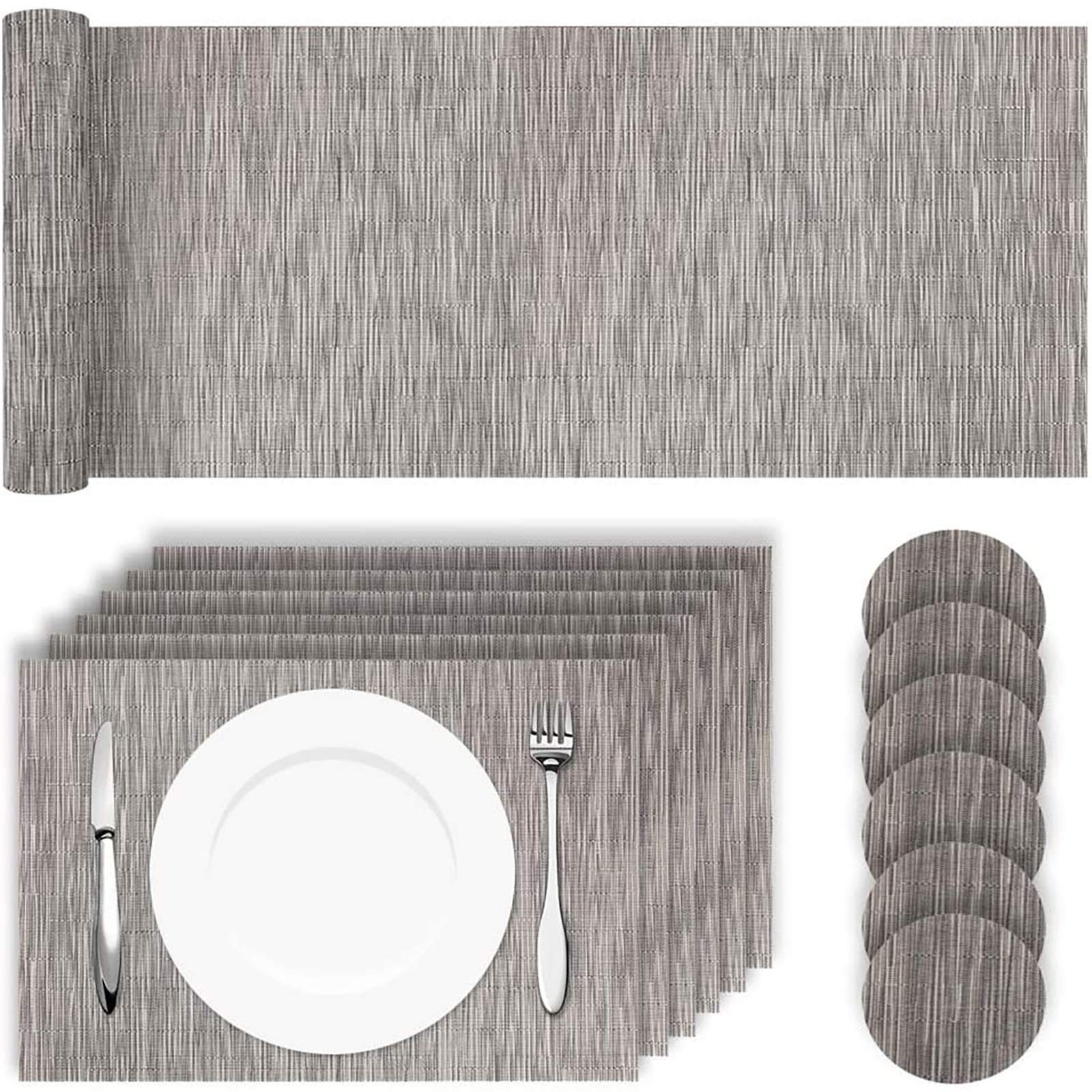 HEYOMART Placemats Table Mats Set with 6 x Placemats + 6 x Coasters + 1 x Long Table Mat Resistant Anti Slip Table Place Mats and Coaster Sets for Home Restaurant, Grey