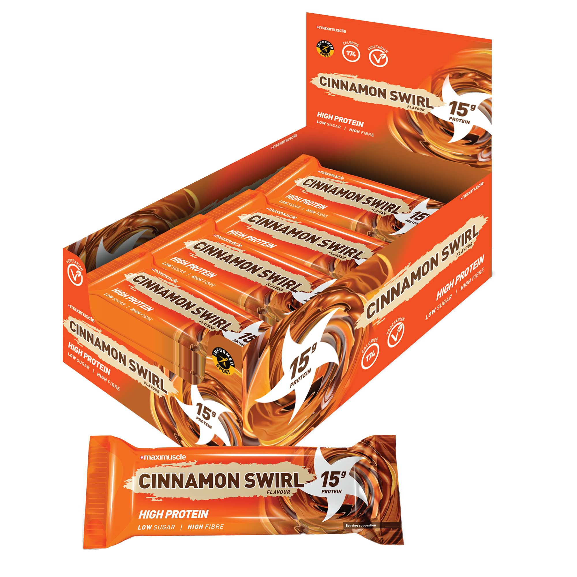 Maximuscle Protein Bars | High Fibre, Low Sugar | Under 175 Calories | Cinnamon Swirl, 12 x 45g