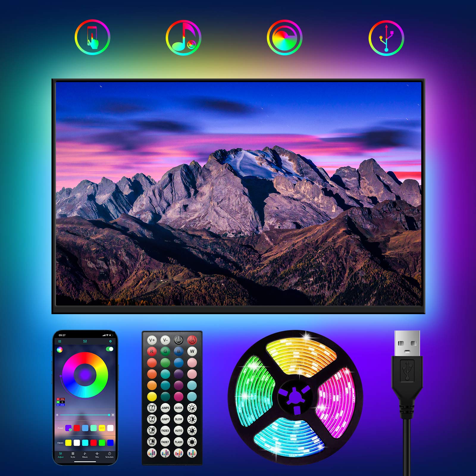 WOANWAY TV LED Backlight with App Control,3M USB Bluetooth RGB LED Strip Lights,Sync with Music/Sensitive Mic/Timer with 44 Keys Remote Led Strip for TV,Computer,Monitor,Room Home Christmas Decor