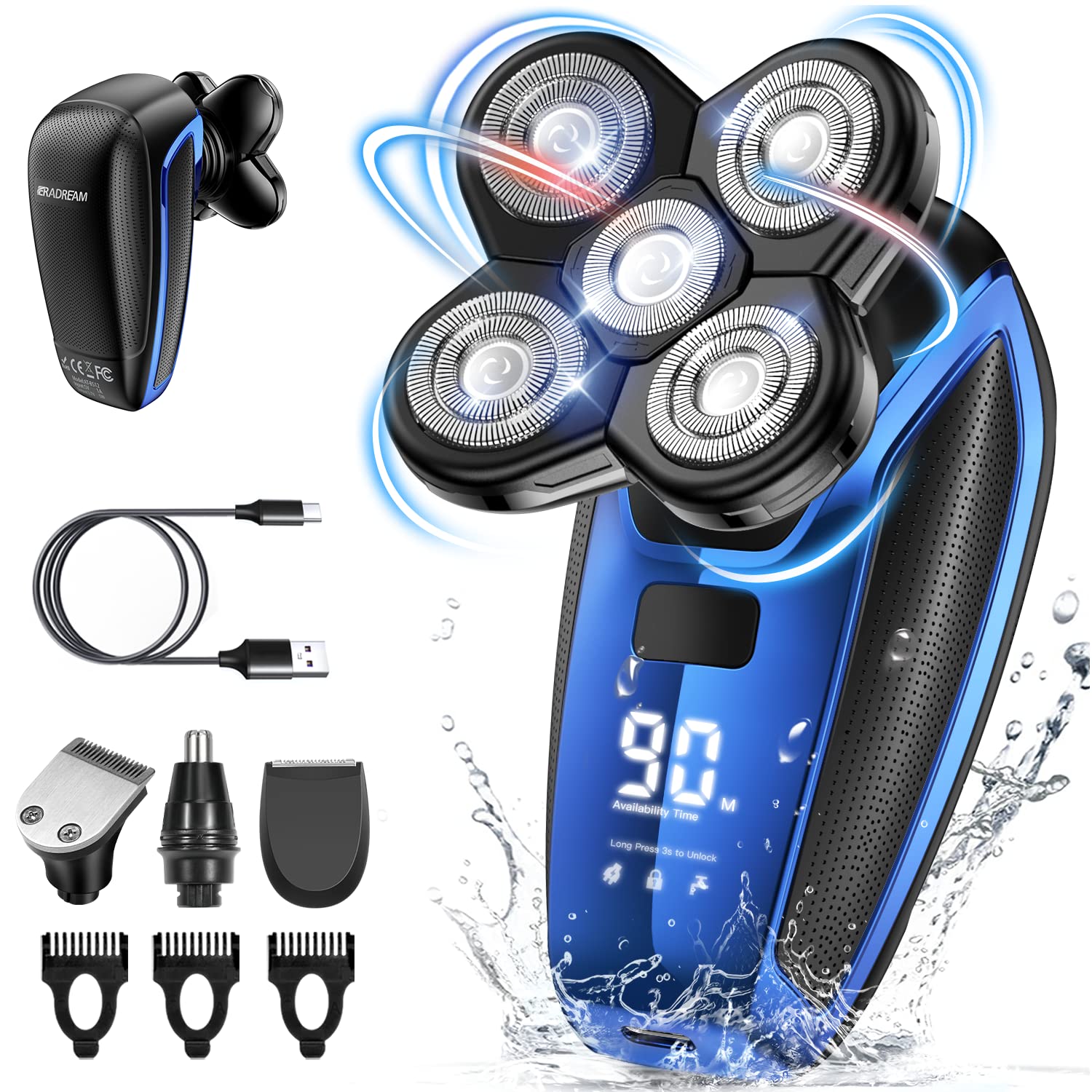 ERADREAM Head Shavers for Bald Men,Dry & Wet Electric Shaver Close Cut USB Rechargeable,LED Display 4 in 1 Floating Razor Head,Beard Trimmer, Nose Trimmer Men Grooming Kit