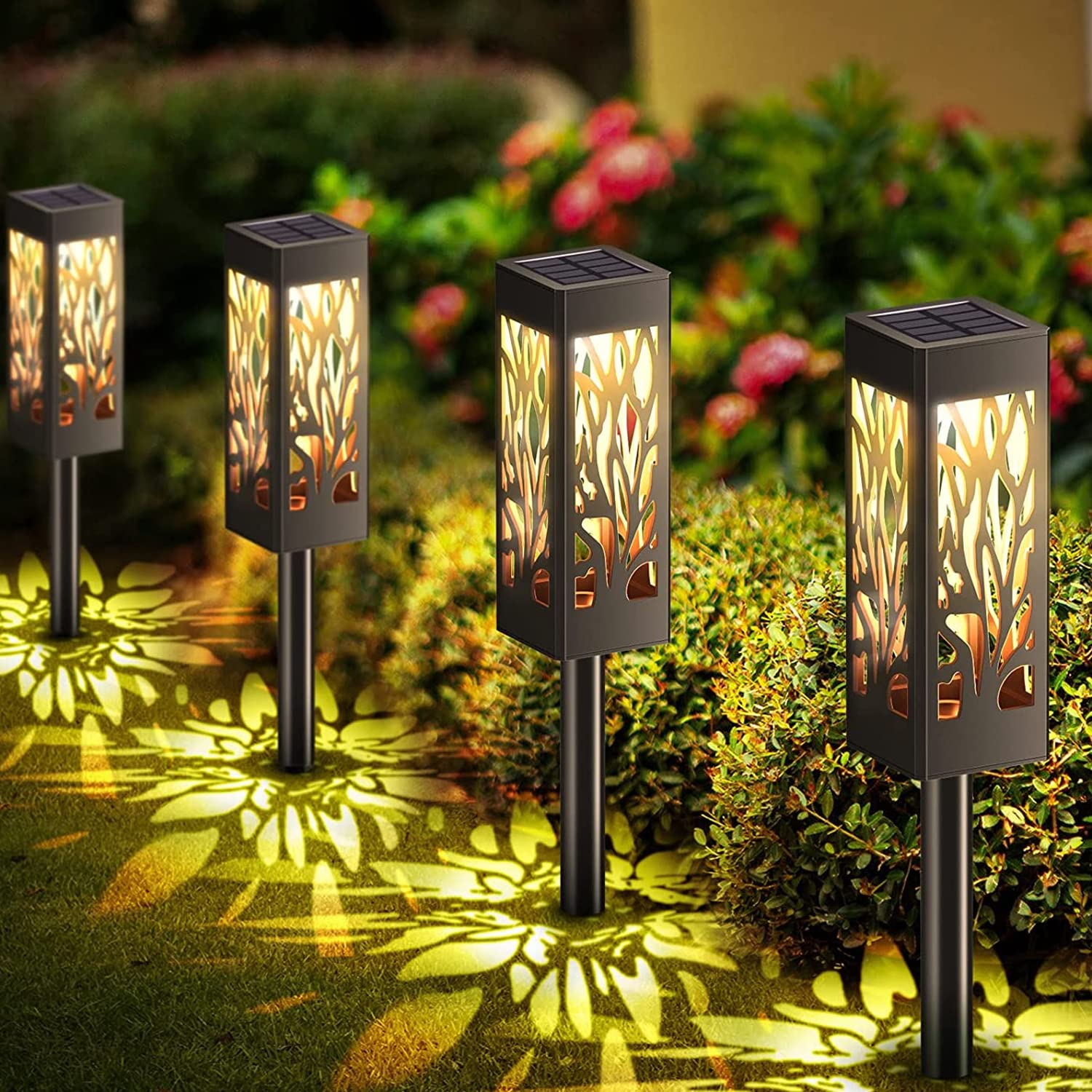 CUQOO Solar Lights Outdoor Garden Stake – Waterproof Solar Path Lights – LED Solar Landscape Light in Warm White - Solar Garden Lights Stakes Decoration for Pathways, Gardens, Patio, Lawn (4 Pack)