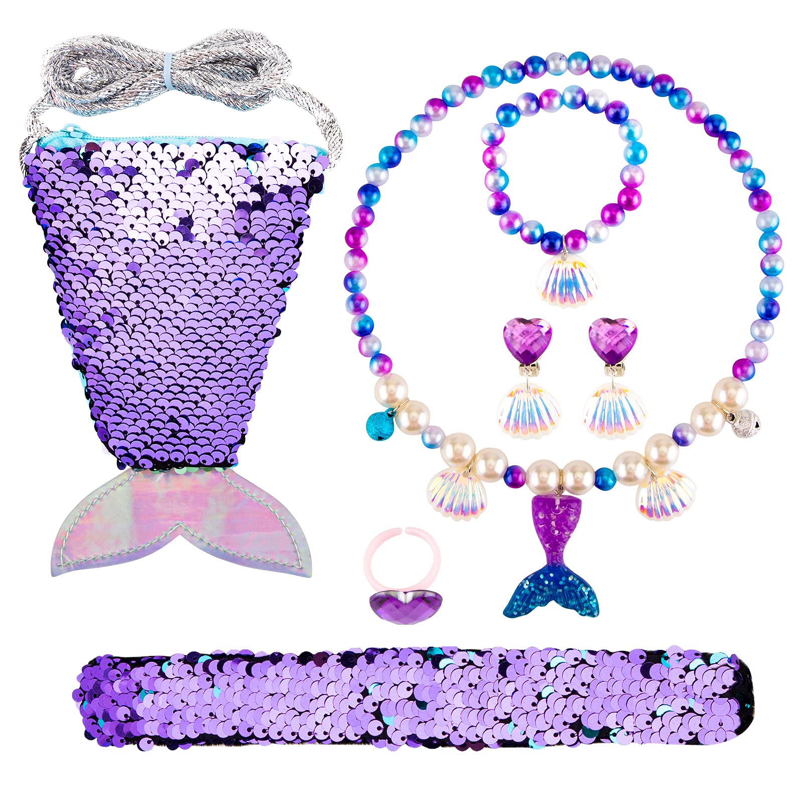 Mermaid Jewellery Set for Girls Kids Dress Up, Mermaid Handbag Necklace Bracelet Earrings Ring Set, Kids Jewellery Sets Princess Costume Jewelry Party Favors Gift for Pretend Play (Purple)
