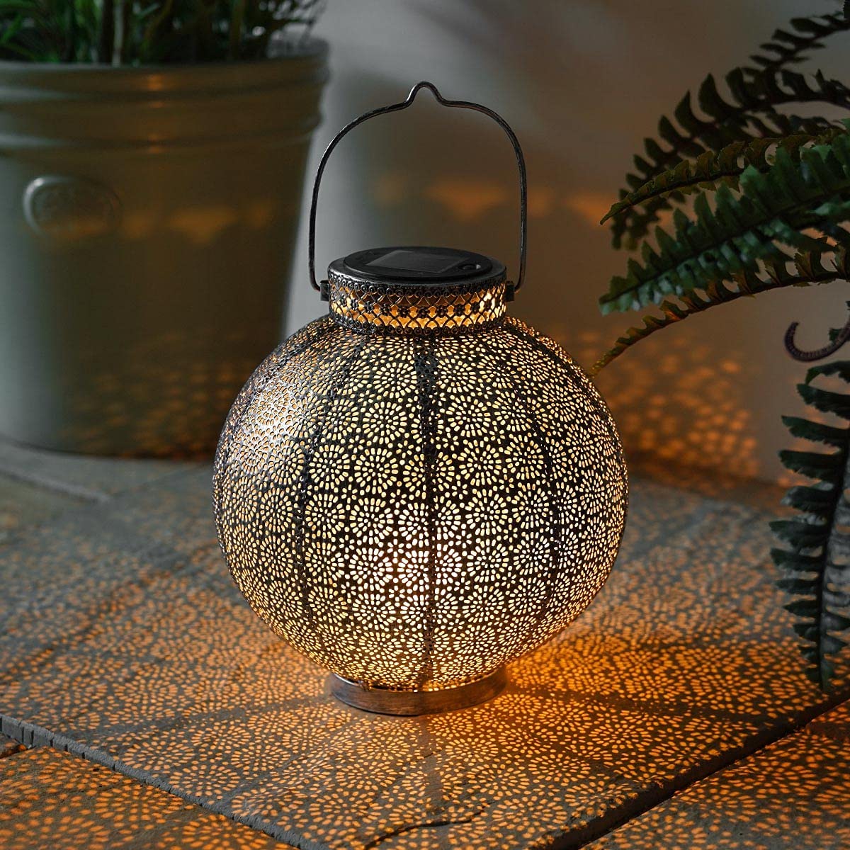 Festive Lights - Moroccan Solar Lantern - Outdoor Garden Table Lamp Lighting (Pewter)