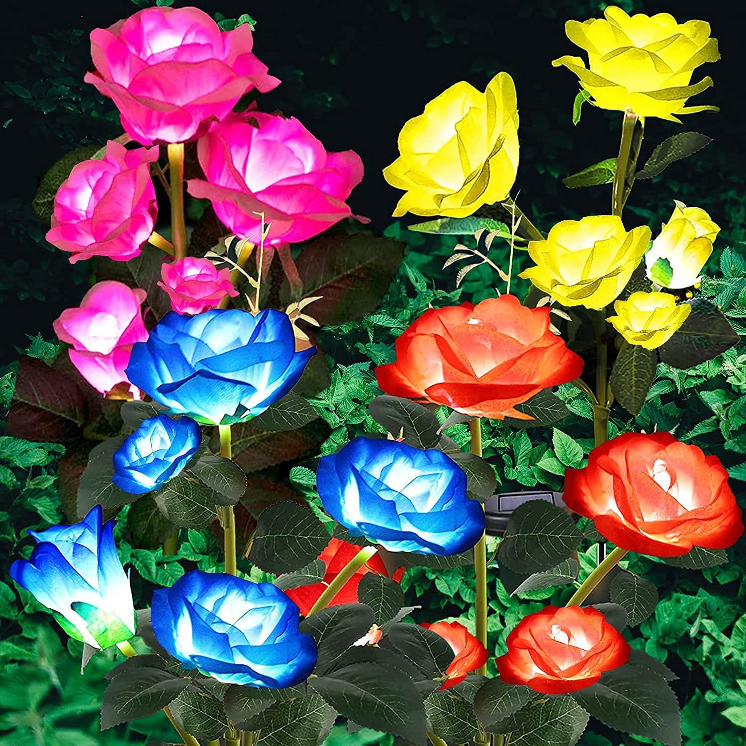 ANGMLN 4 Pack Solar Flowers Lights Outdoor Decorative, 7 Color Changing Rose Lights 12 Head Rose for Pathway, Garden Patio Yard Party Wedding Holiday Outdoor Decoration (Red, Pink, Yellow, Blue)