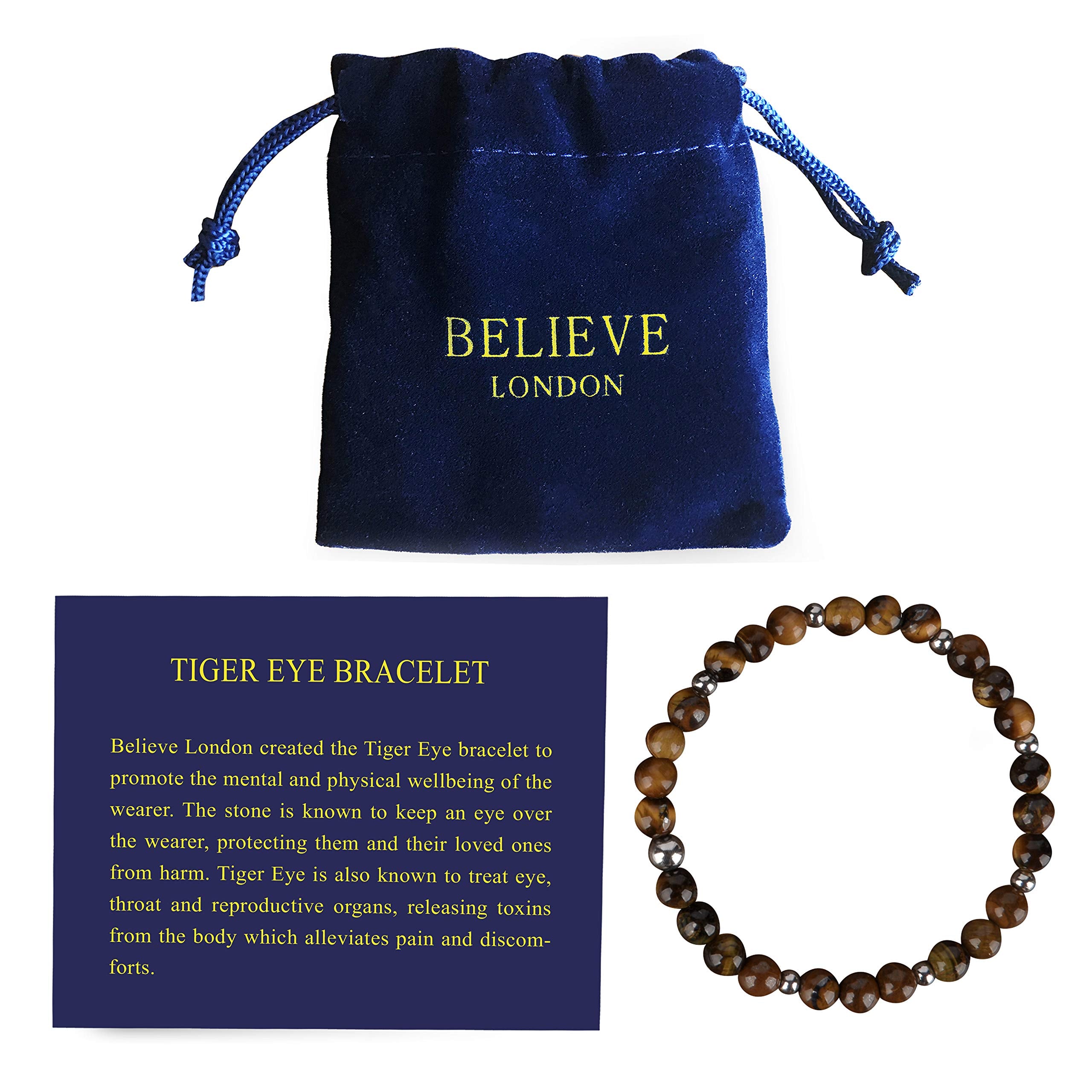 Believe London Tiger Eye Bracelet with Jewellery Bag & Meaning Card | Strong Elastic | Precious Natural Stones Crystal Gemstone Men Women