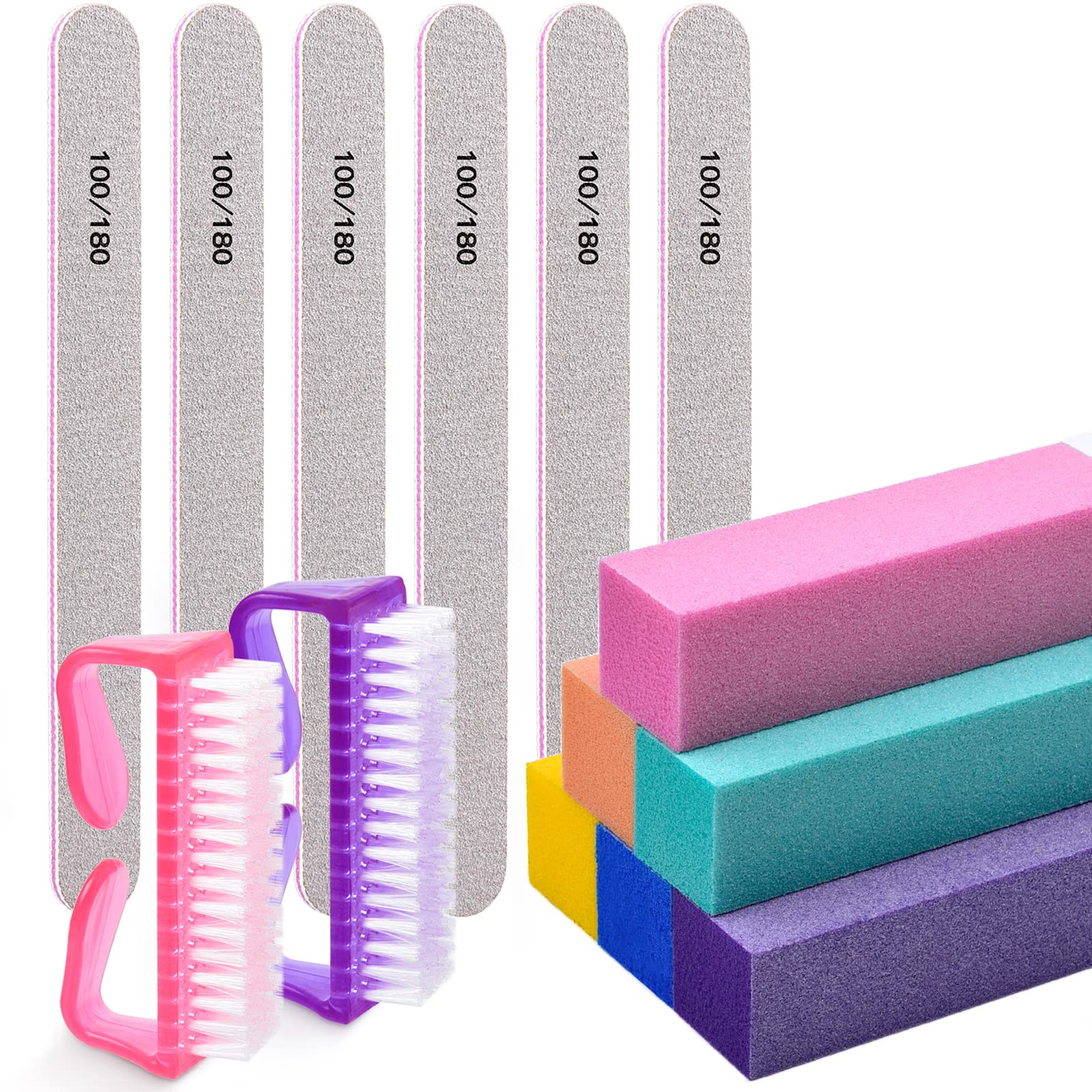 Nail Files and Buffers, MORGLES Professional Buffers Block 100/180 Grit, Double Sided Emery Board Manicure Tools Nail Scrubbing Brush 14pcs