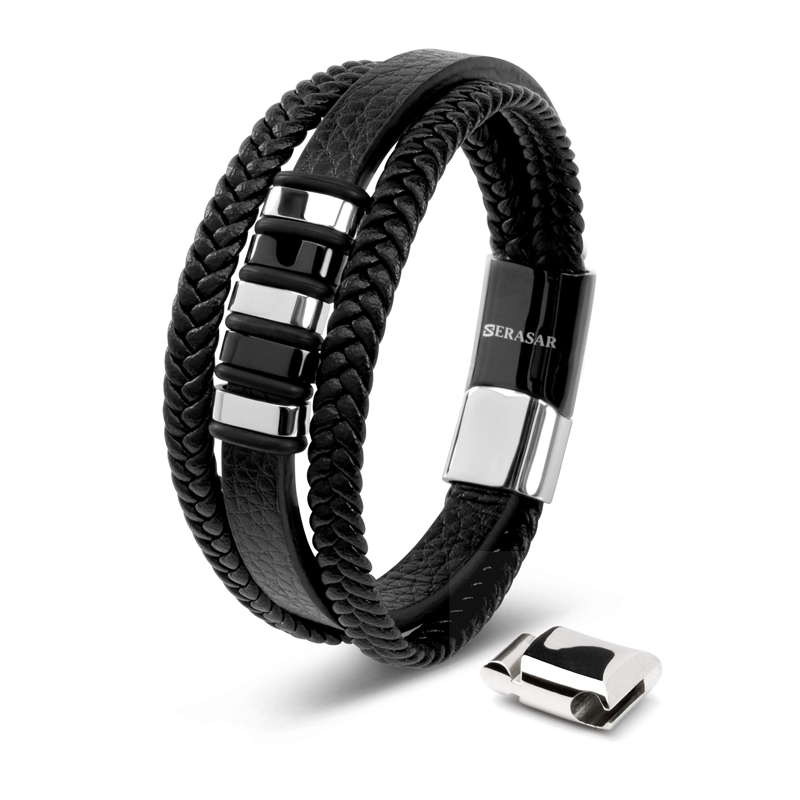 SERASAR | Premium Genuine Leather Bracelet for Men in Black | Magnetic Stainless Steel Clasp in Silver and Gold | Exclusive Jewellery Box | Great Gift Idea