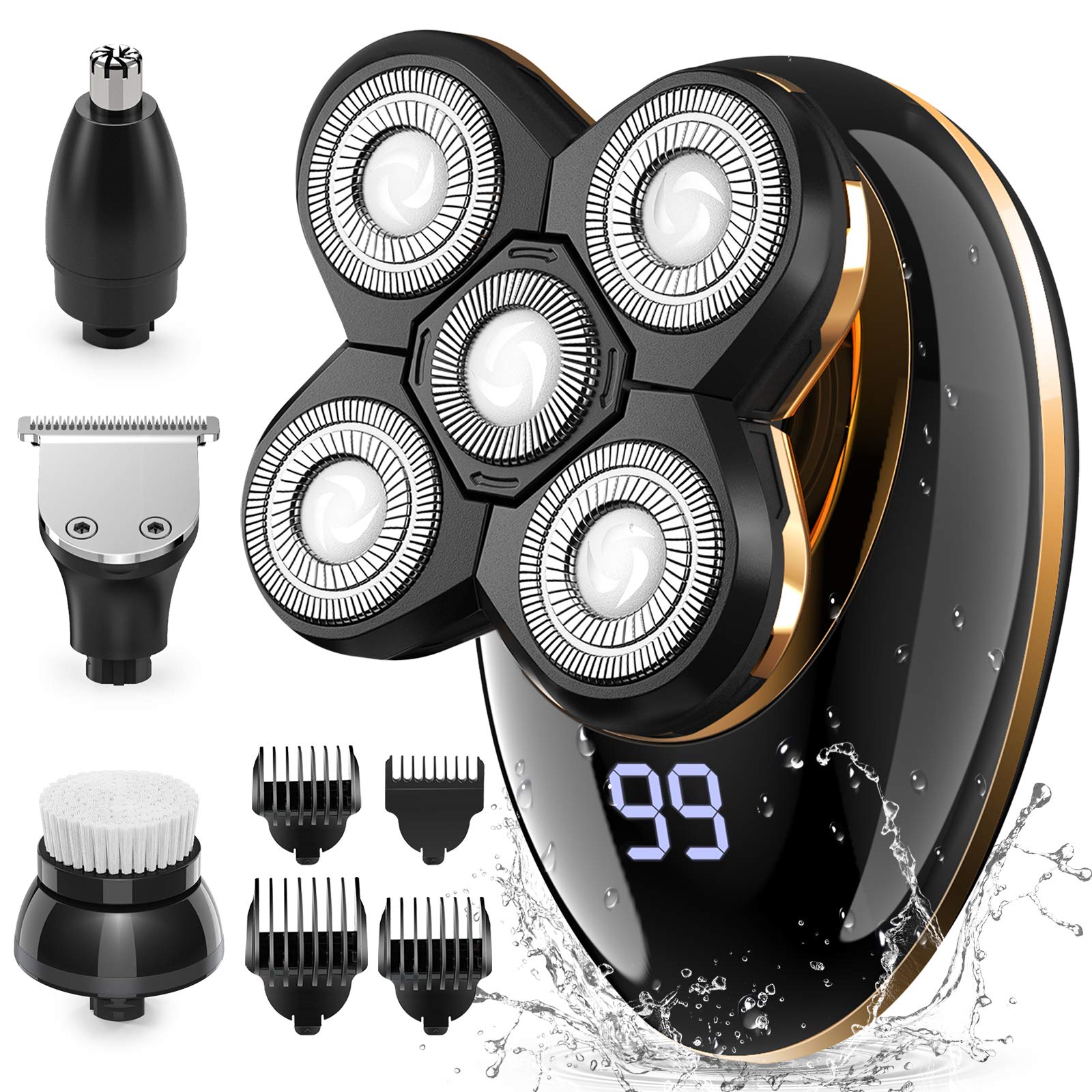 Head Shaver,Electric Razors with LED Display, Bald Shavers for Men,Rotary Cordless Nose Hair Beard Trimmer Clippers Facial Cleansing Brush Waterproof USB Rechargeable Men Grooming Kit with 5D Floating