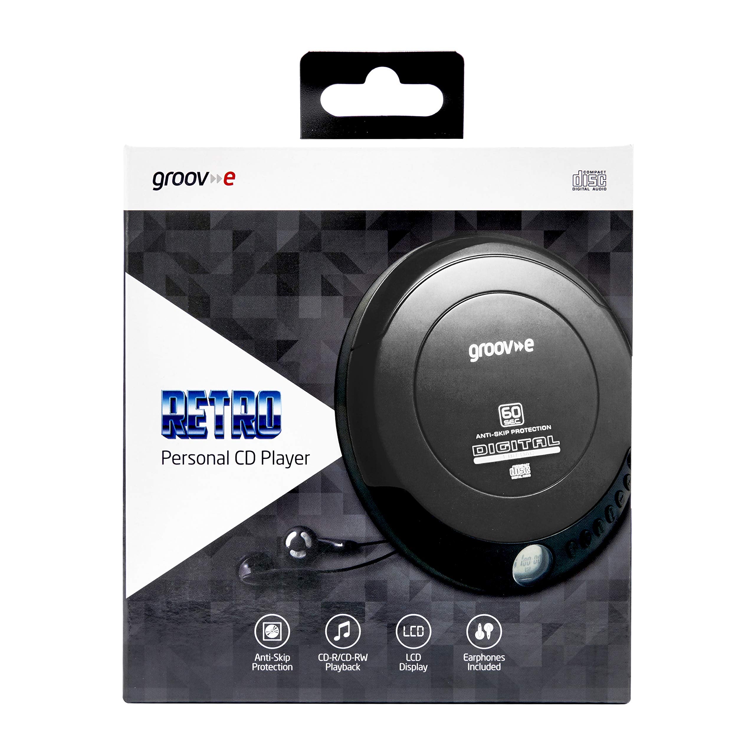 Groov-e GVPS110BK Retro Personal CD Player with 20 Track Programmable Memory, LCD Display, Anti-Skip Protection and Earphones Included - Black