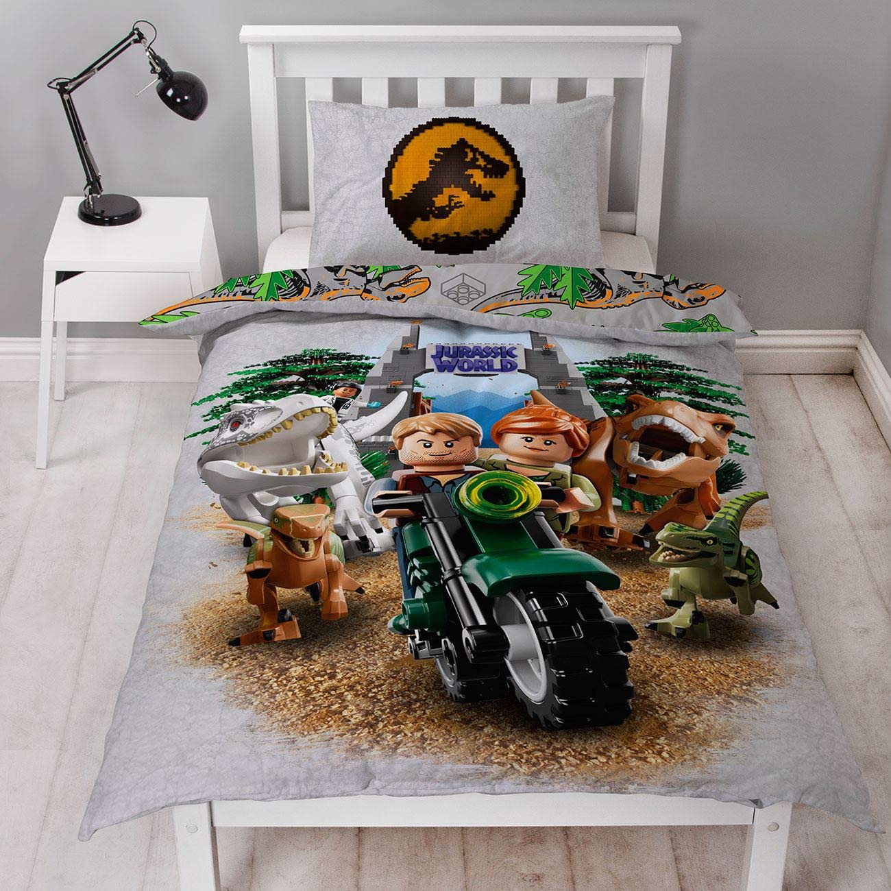 LEGO Jurassic World Single Duvet Cover | Officially Licensed Reversible Two Sided T Rex Design with Matching Pillowcase, Polyester Multi Coloured