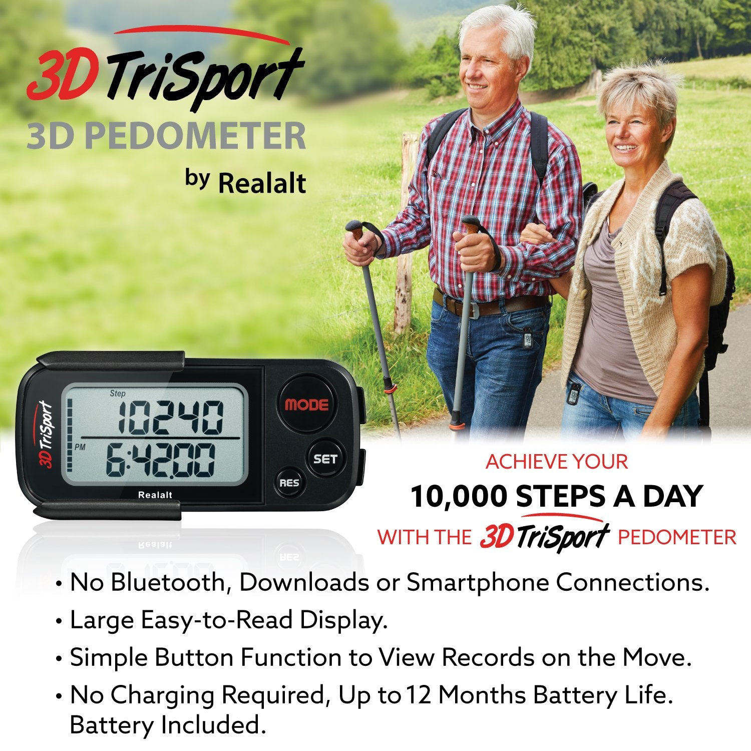 Realalt 3DTriSport 3D Pedometer, Accurate Step Counter with Clip and Strap