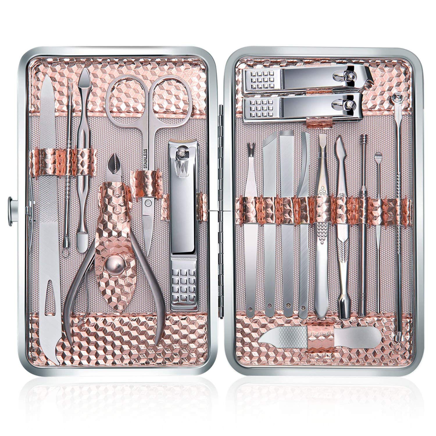 Keiby Citom Manicure Set 18pcs Professional Nail Clippers Kit Pedicure Care Tools-Stainless Steel Grooming Tools With Rose Gold PU Leather Case for Travel & Home (Rose Gold)