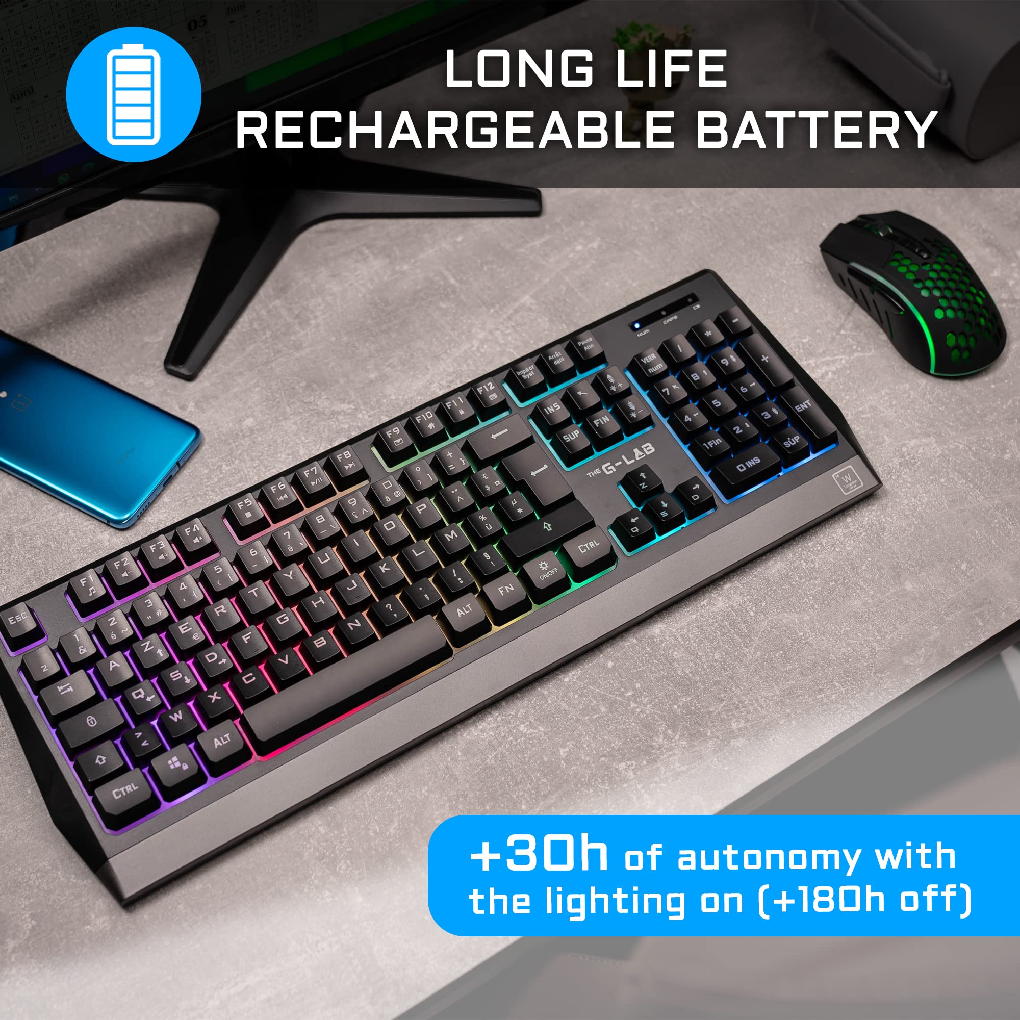 THE G-LAB Combo TUNGSTEN - Backlit Wireless Gaming Keyboard and Mouse Set – UK QWERTY Wireless Gaming Keyboard + 2400 DPI Wireless Gaming Mouse - Pack for PC/PS4/PS5/Xbox One/Xbox Series X/S - NEW