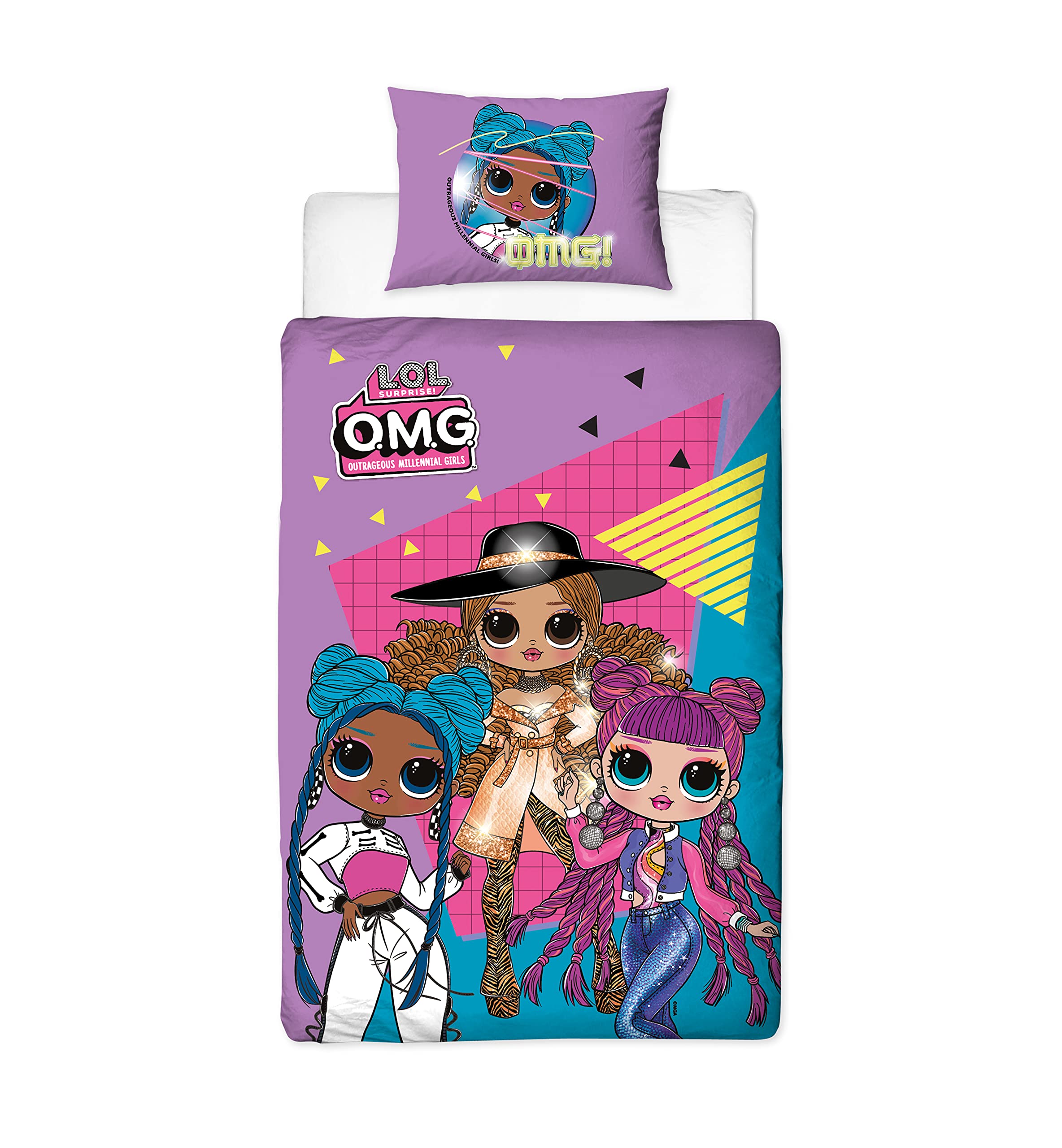LOL Surprise! OMG Official Single Duvet Cover | 2 Sided Reversible Beat Design with Matching Pillowcase Super Soft | Perfect For Any Bedroom, Purple (Single Duvet)