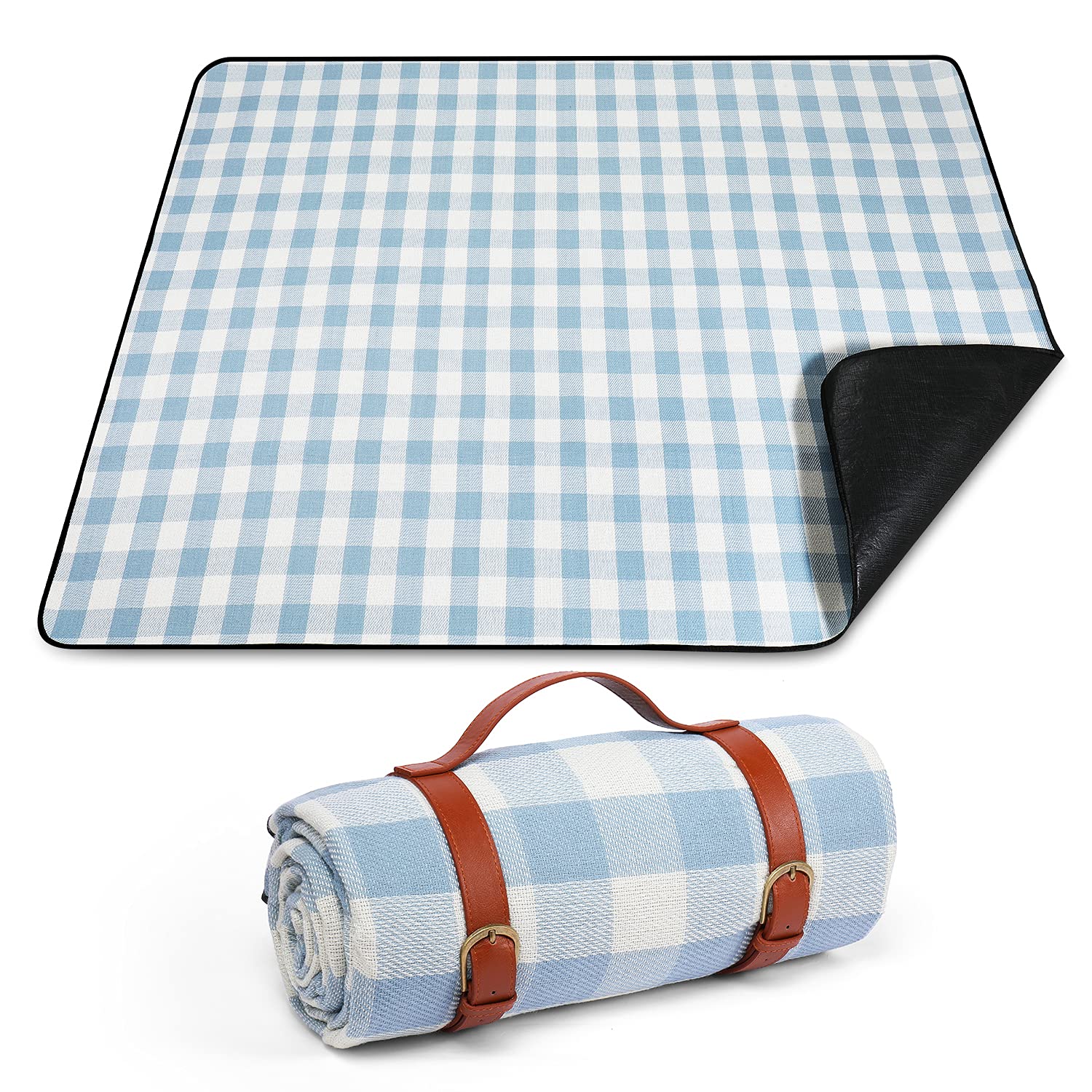 Purezento Picnic Blanket with Waterproof Backing, Large Picnic Mat Portable Folding, Washable Outdoor Picnic Blankets for Kids Playground, Beach, Camping, Wet Grass - Blue Plaid, 150 x 200 cm