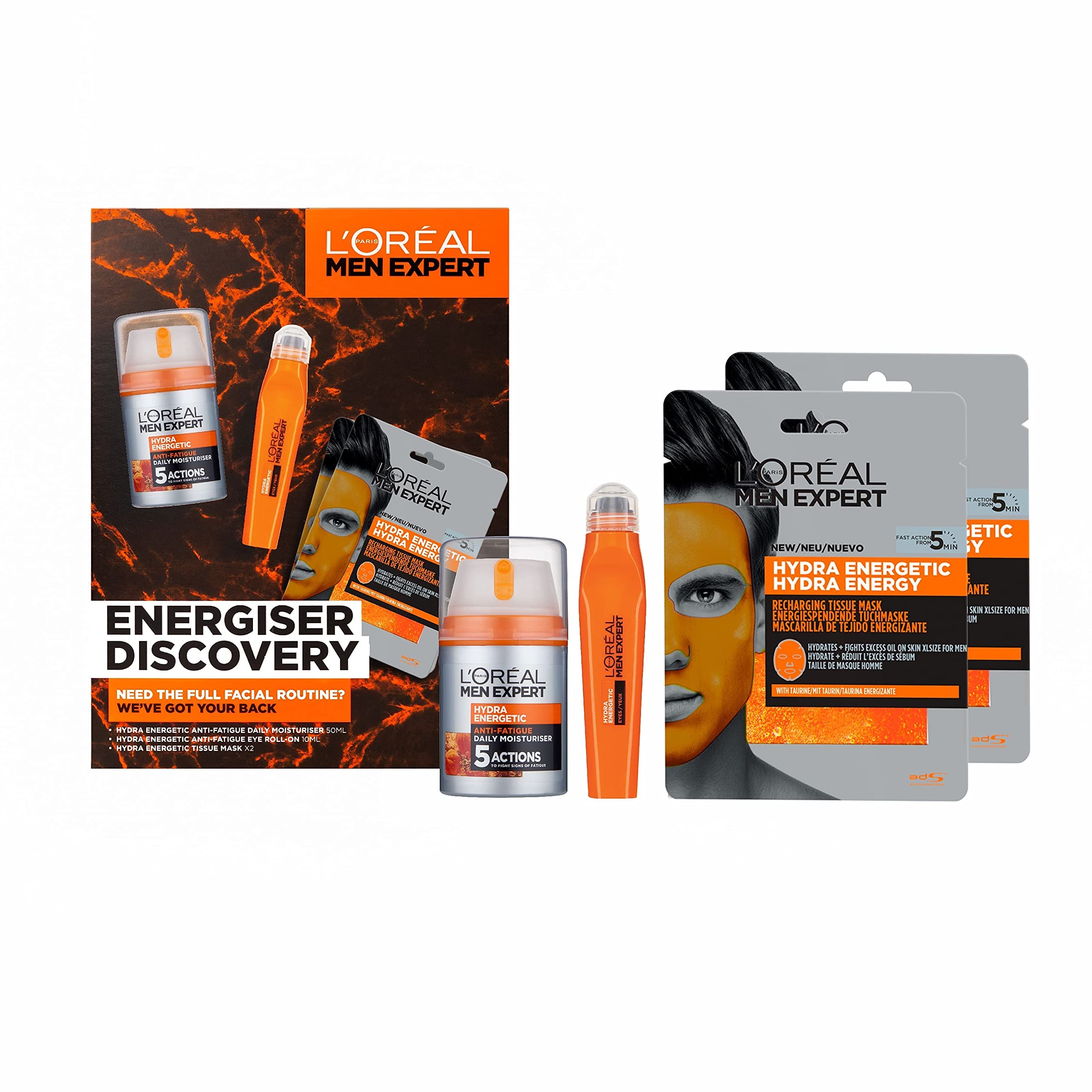 L’Oreal Men Expert Energiser Discovery Gift Set, Men’s Skincare Gift For Him Featuring: Hydra Energetic Vitamin C Anti-Fatigue Moisturiser [50ml], Anti-Fatigue Eye Roll-On [10ml] and Sheet Mask x2