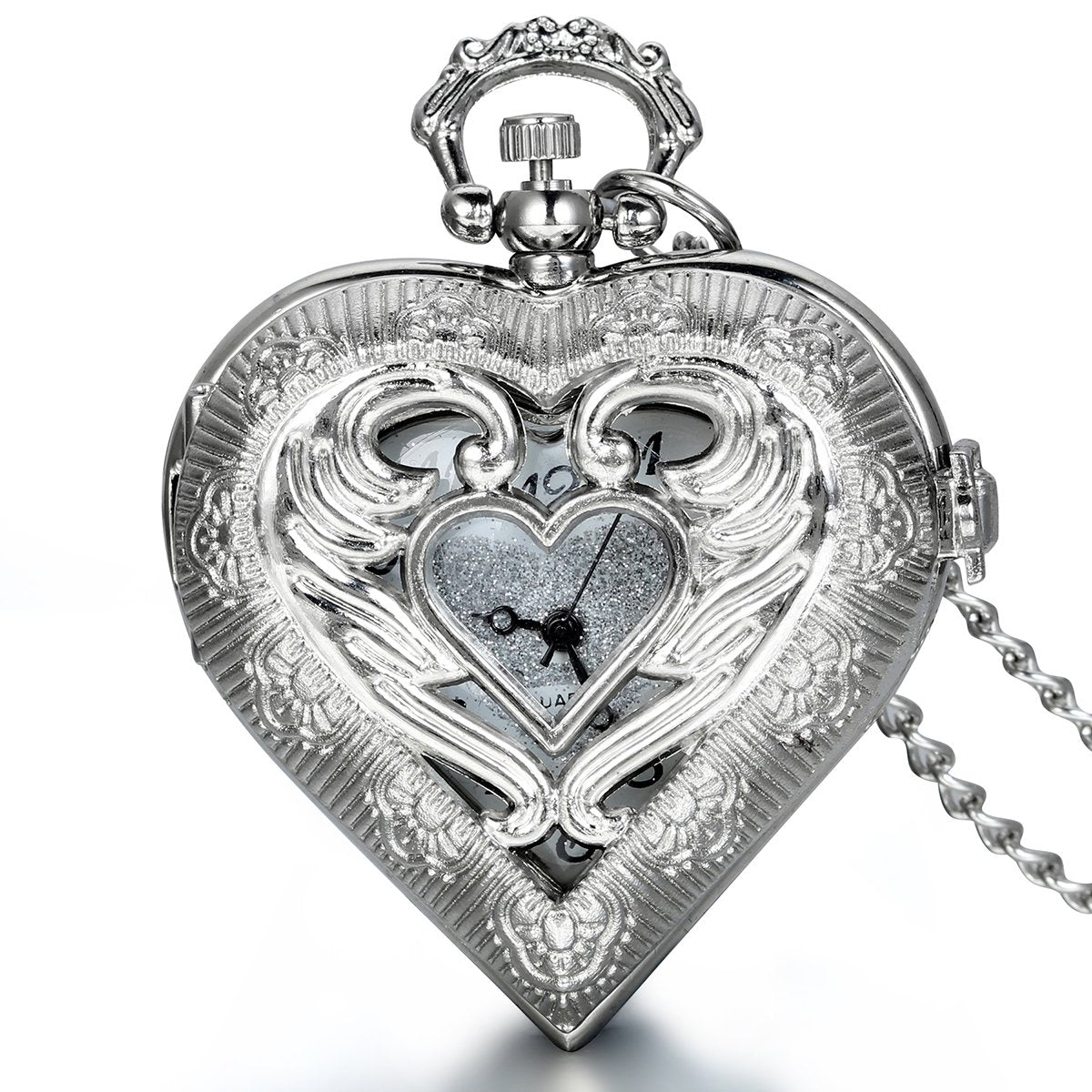 JewelryWe Vintage Pocket Watch,Heart Locket Style Pendant Pocket Watch Necklace for Girls Lady Women