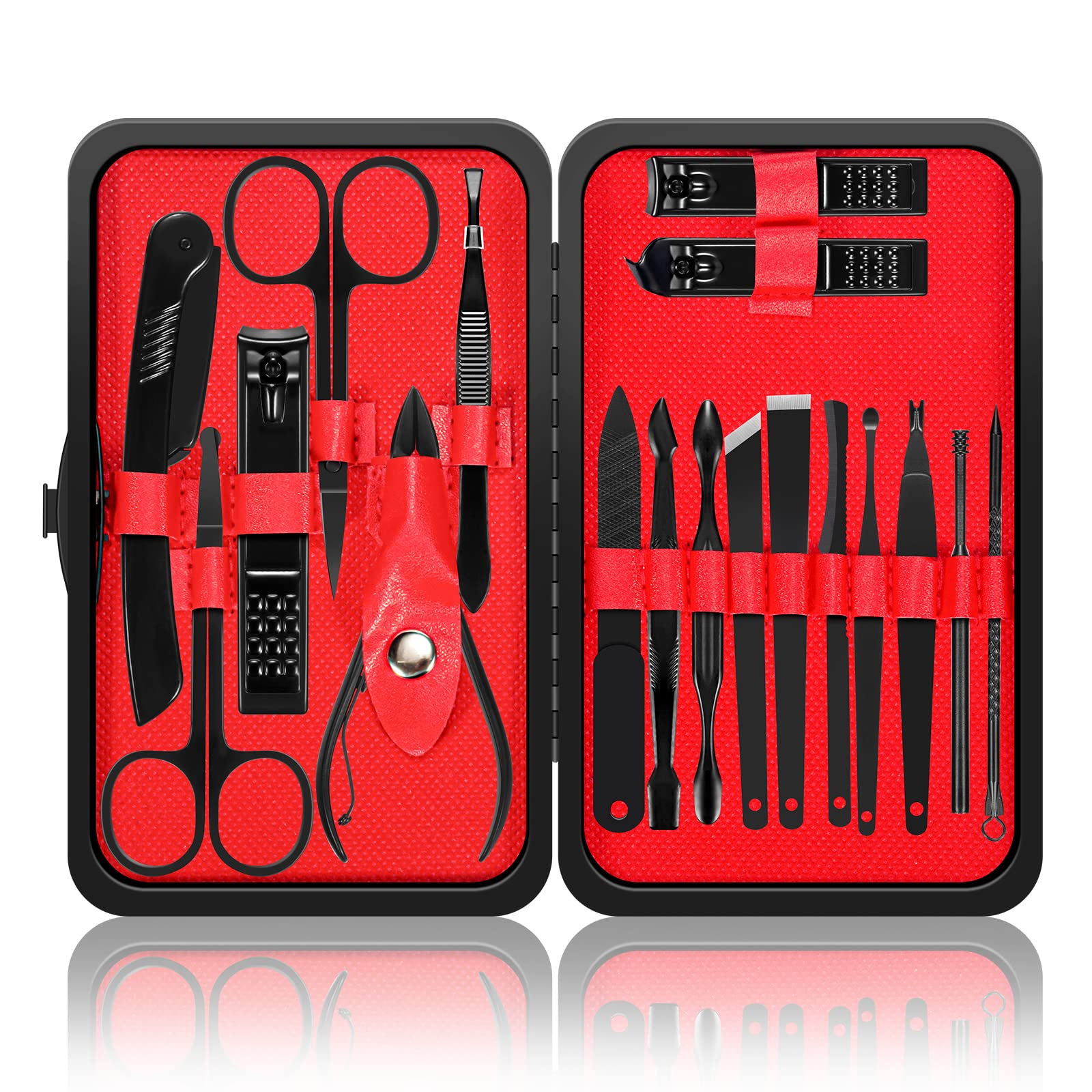 OWill Manicure Set, 18pcs Nail Clippers Pedicure Kit, Manicure Professional Tools Gift For Men Women Friends and Parents (Black & Red)