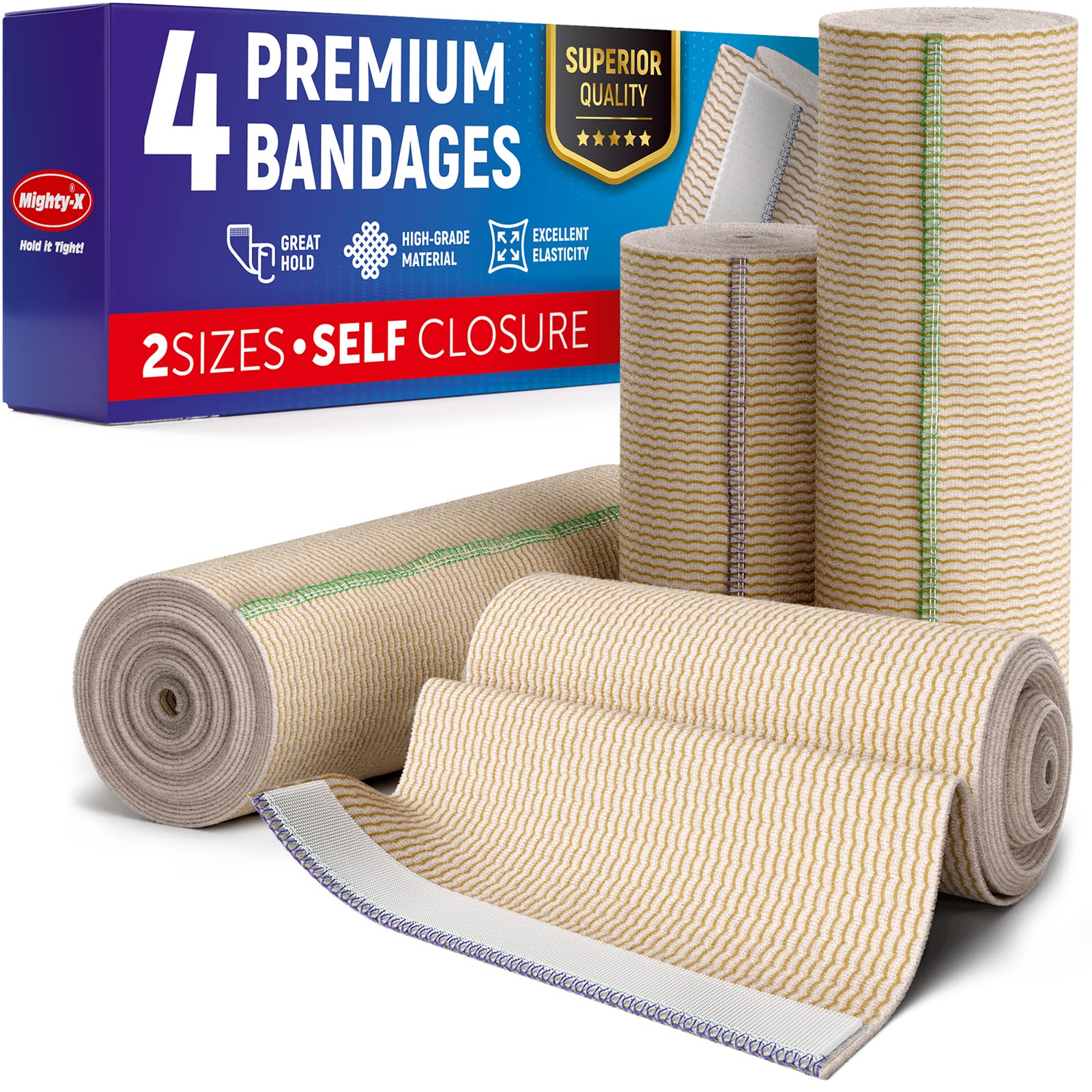 Premium Compression Bandage - Pack of 4 - (2 x 10cm & 2 x 15cm) - Self-Closing Elastic Bandage Wrap - Latex Free - Washable & Reusable
