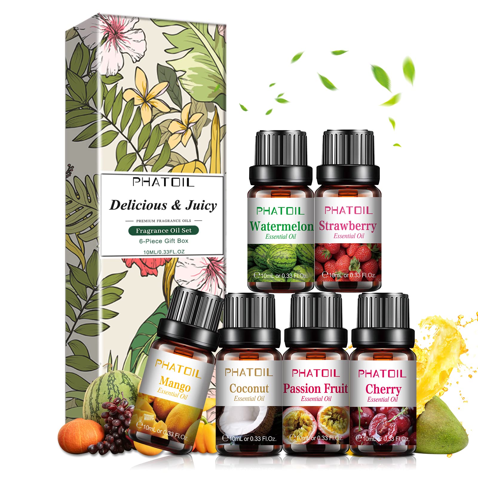 PHATOIL Top 6 Fruity Fragrance Essential Oils Set, 6 x 10ml Fragrance Oils Gift Set for Diffuser, Humidifier, Massage, Aromatherapy - Passion Fruit, Mango, Strawberry, Cherry, Coconut, Watermelon