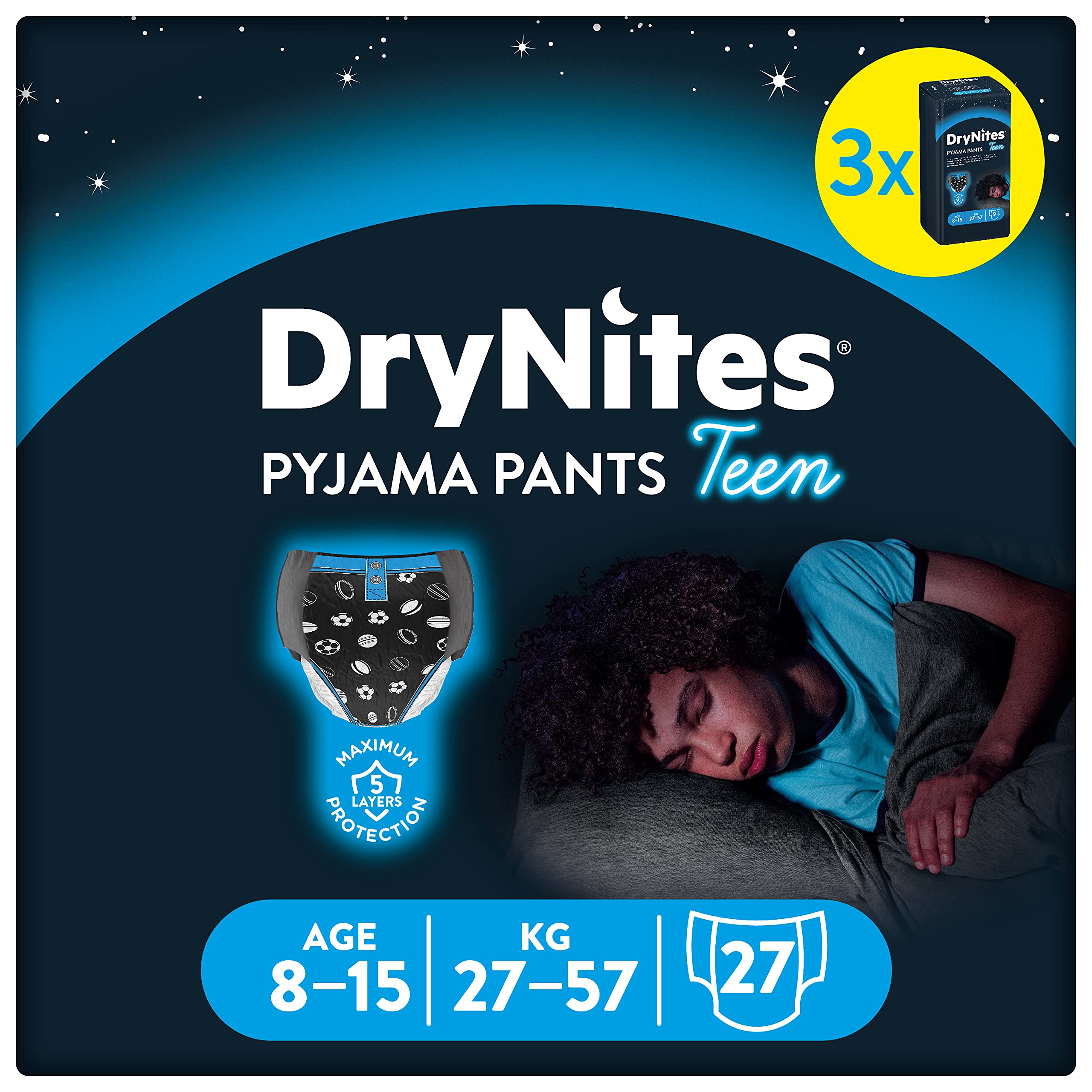 Huggies DryNites, Pyjama Pants for Boys - Sizes 8-15 Years (27 Pants) - Night Time Pants for Child and Teen BedWetting - Unbeatable Protection and Discrete Design