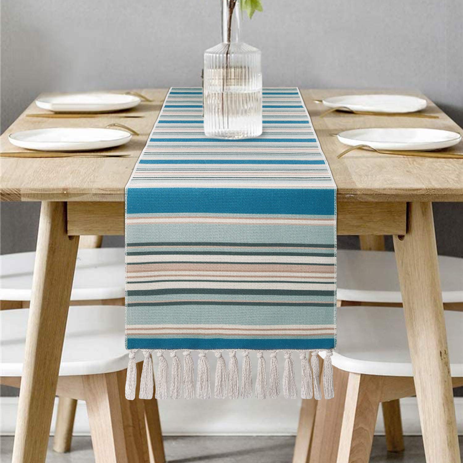 Yugarlibi Blue Seaside Table Runner, Teal Striped Non-Slip Heat-Resistant Tablecloth for Dining Table Party Banquet Wedding 70x14 Inches (180x35cm)