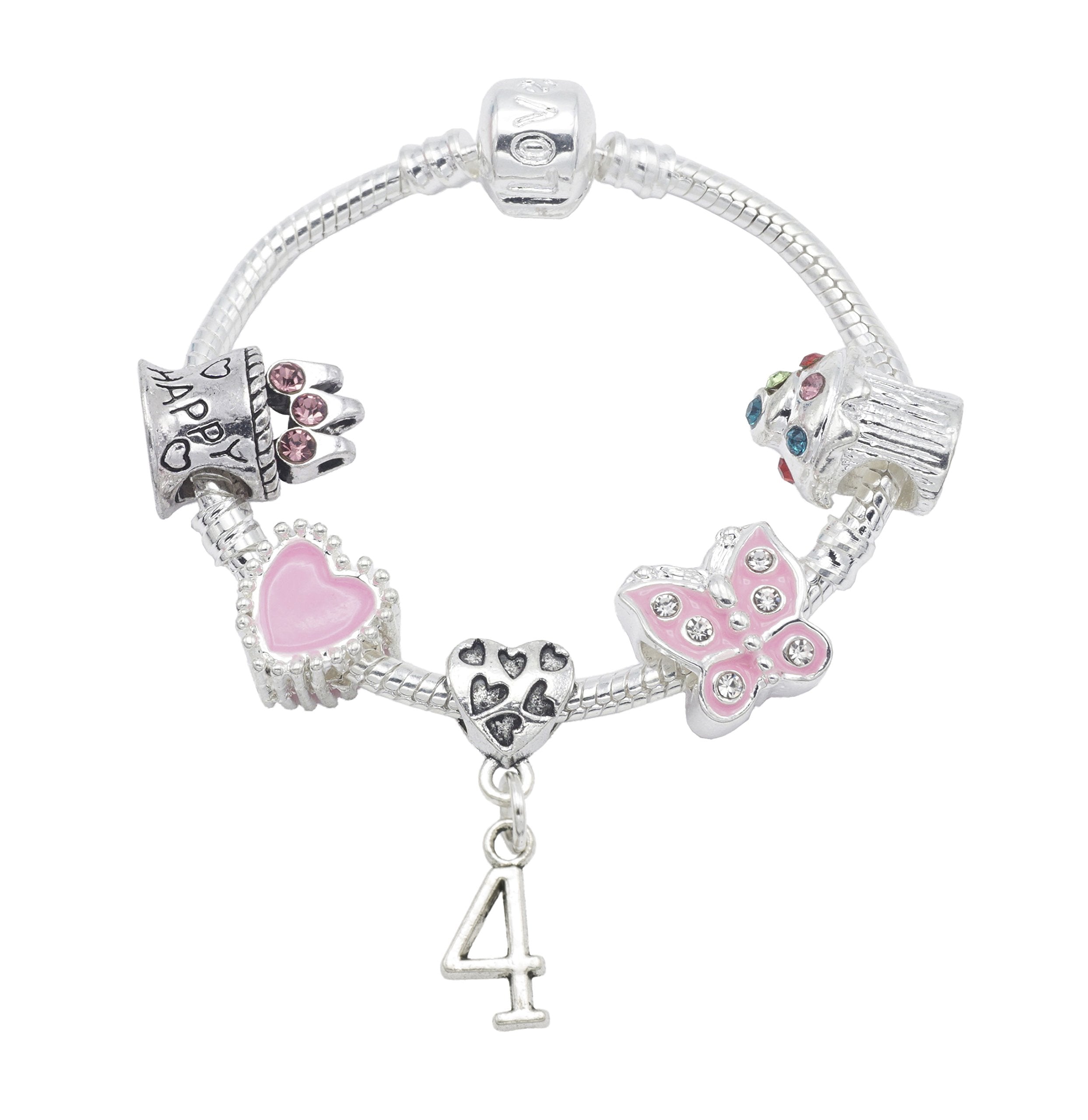 4th Birthday Silver Plated Charm Bracelet for Girls with Gift Box