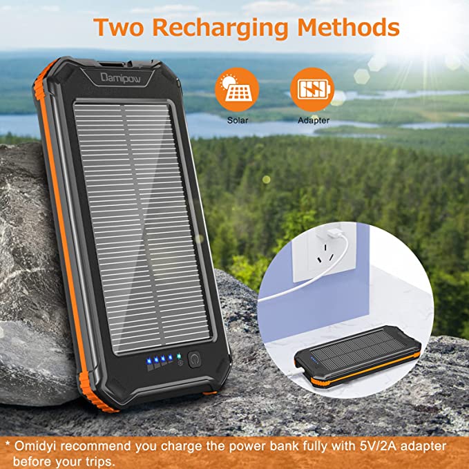 Solar Charger 20000mAh，Portable Solar Power Bank with Built-in USB B & USB C Cables,Solar Battery Charger with 3 Outputs, 2 Inputs, LED Flashlights for iPhone, iPad, Android, Tablets and More