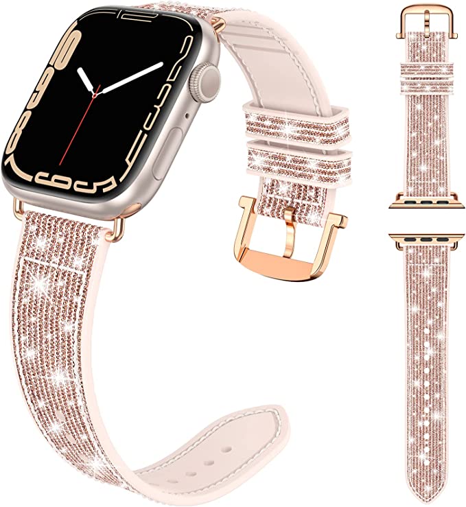 Neitra Bling Watch Straps for Apple Watch Strap 38mm 40mm 41mm 42mm 44mm 45mm Watch Band, Bling Soft Silicone Smart Bracelet Armband for iWatch SE Series 6 5 4 3 2 1 (38/40/41mm, Rose Gold)
