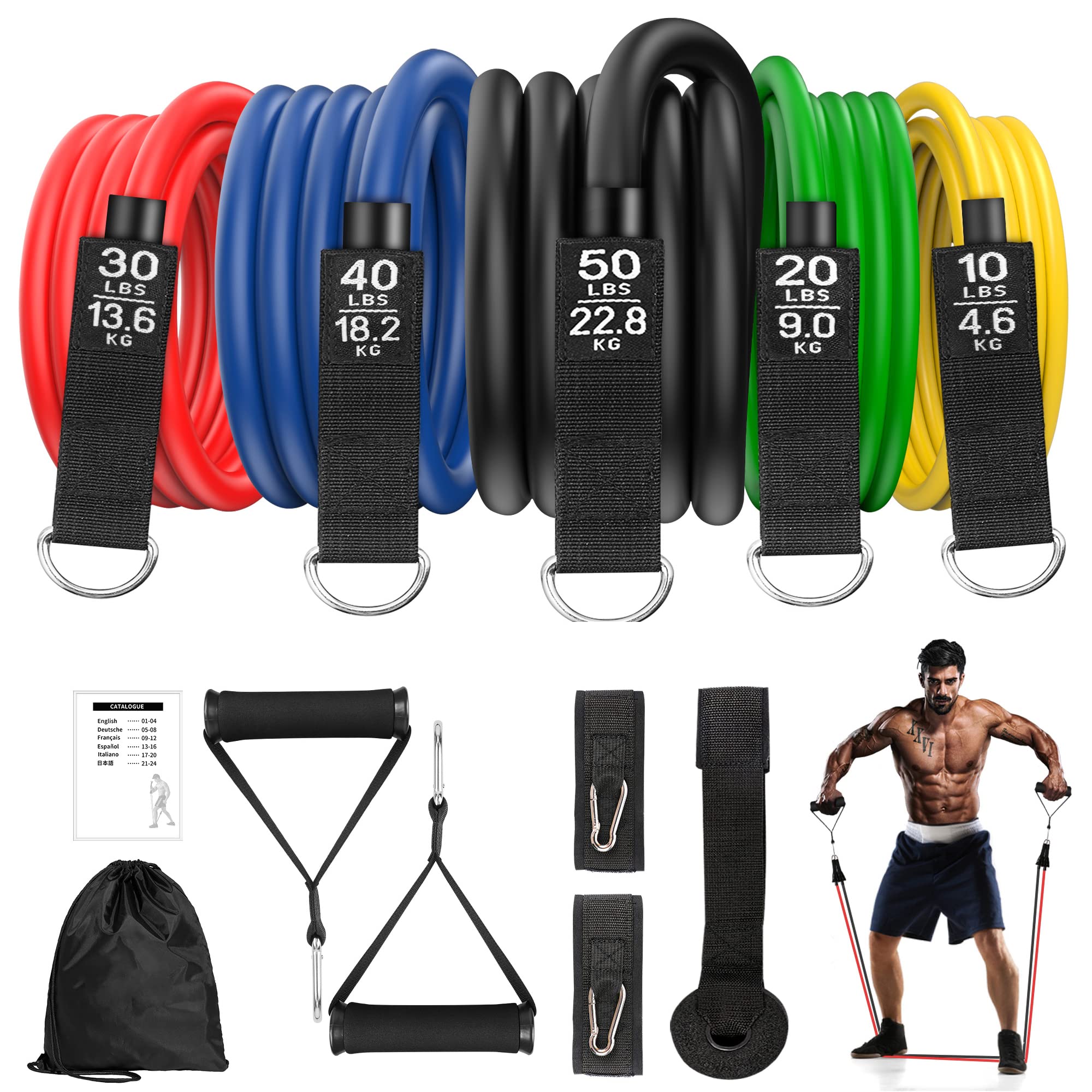 Resistance Bands, Resistance Bands Set Men, Workouts Bands, Exercise Band with 5 Fitness Tubes, 2 Foam Handles Strength Training Home Gym Equipment