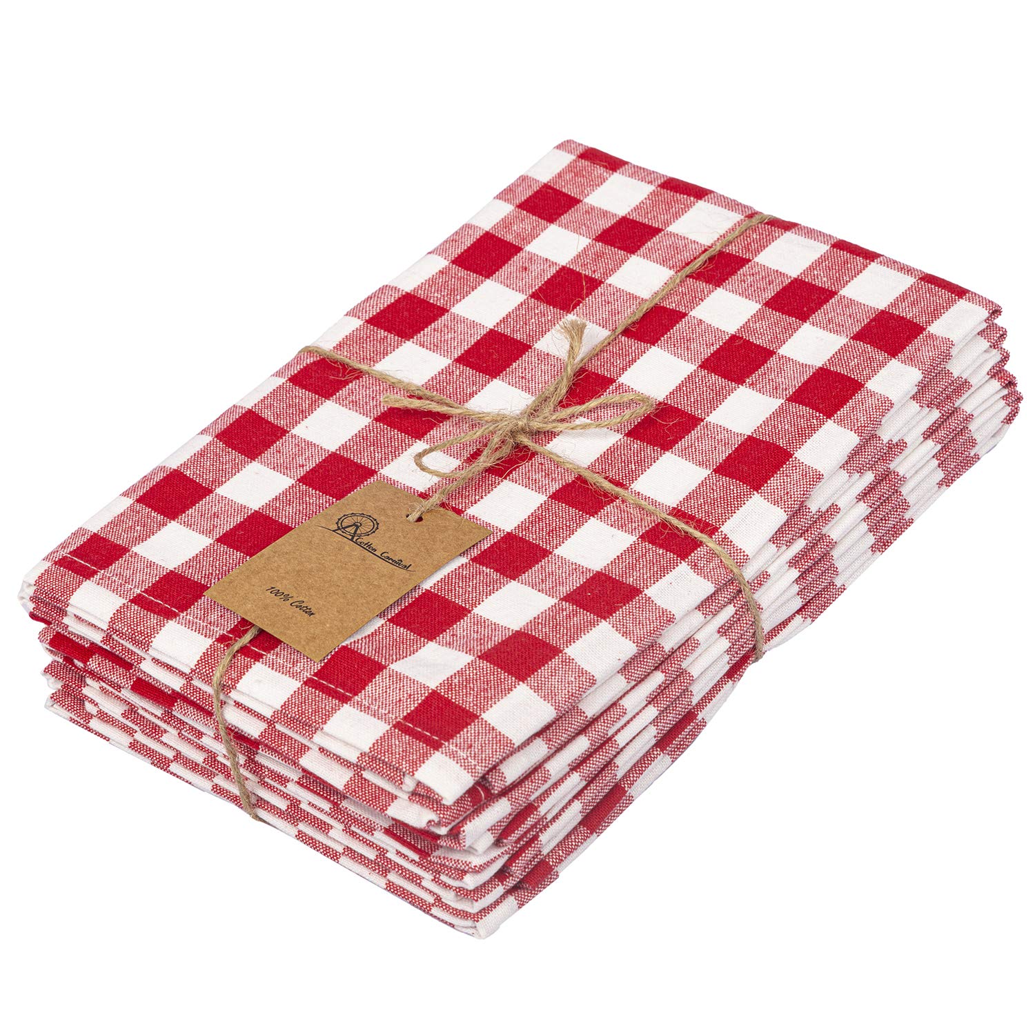 Cotton Carnival Dinner Napkins, 100% Ring Spun Cotton Plaid Tea Towels, Premium Quality, Mitered Corners, Super Absorbent Dish Towels, Pack of 6 17 X 17 in Red and White Gingham Checks