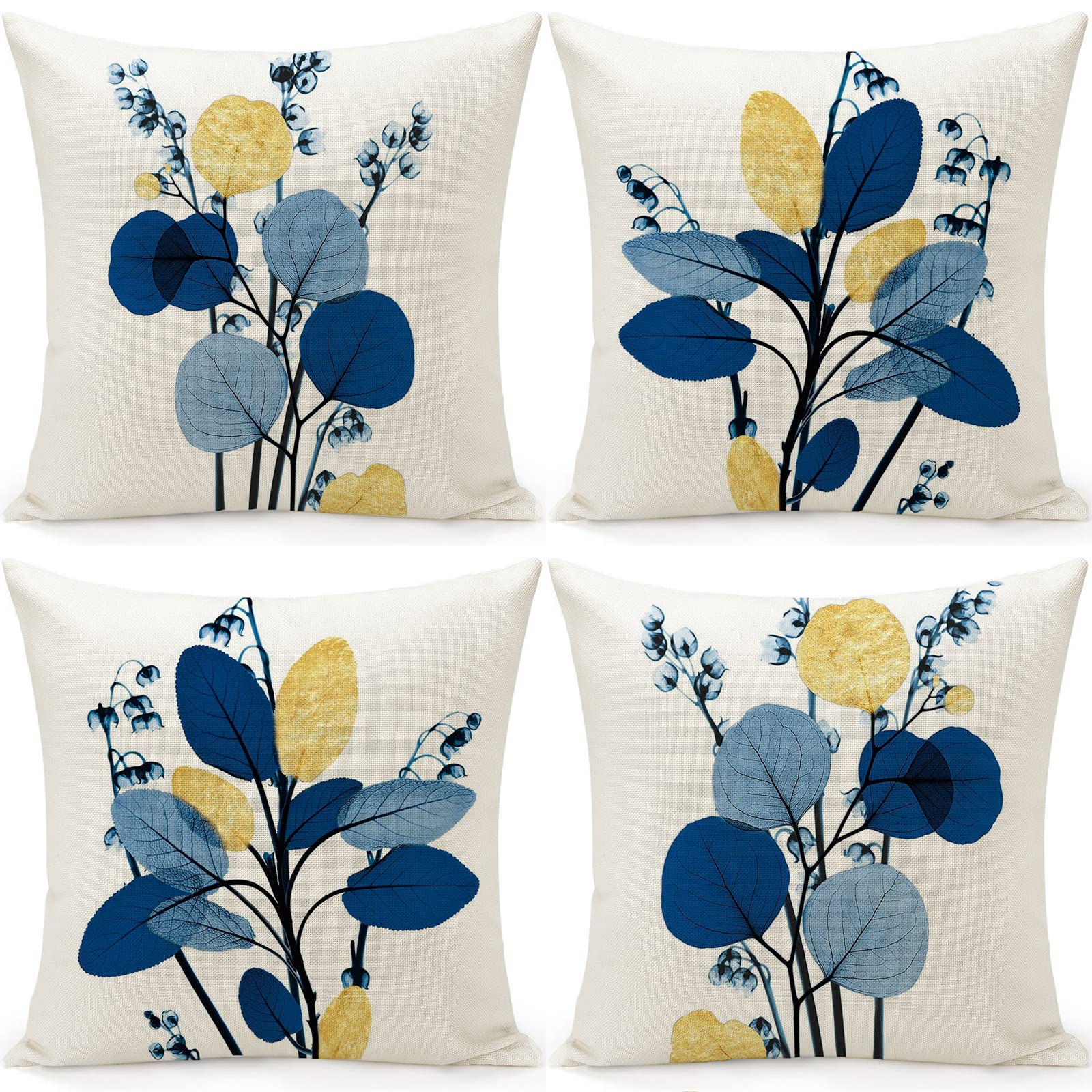 Cushion Covers Outdoor Waterproof Navy Blue Leaf Cushions Throw Pillow Cover Set of 4 Home Sofa Art Decorative for Living Room Garden Linen 18 x18 inch 45x45cm