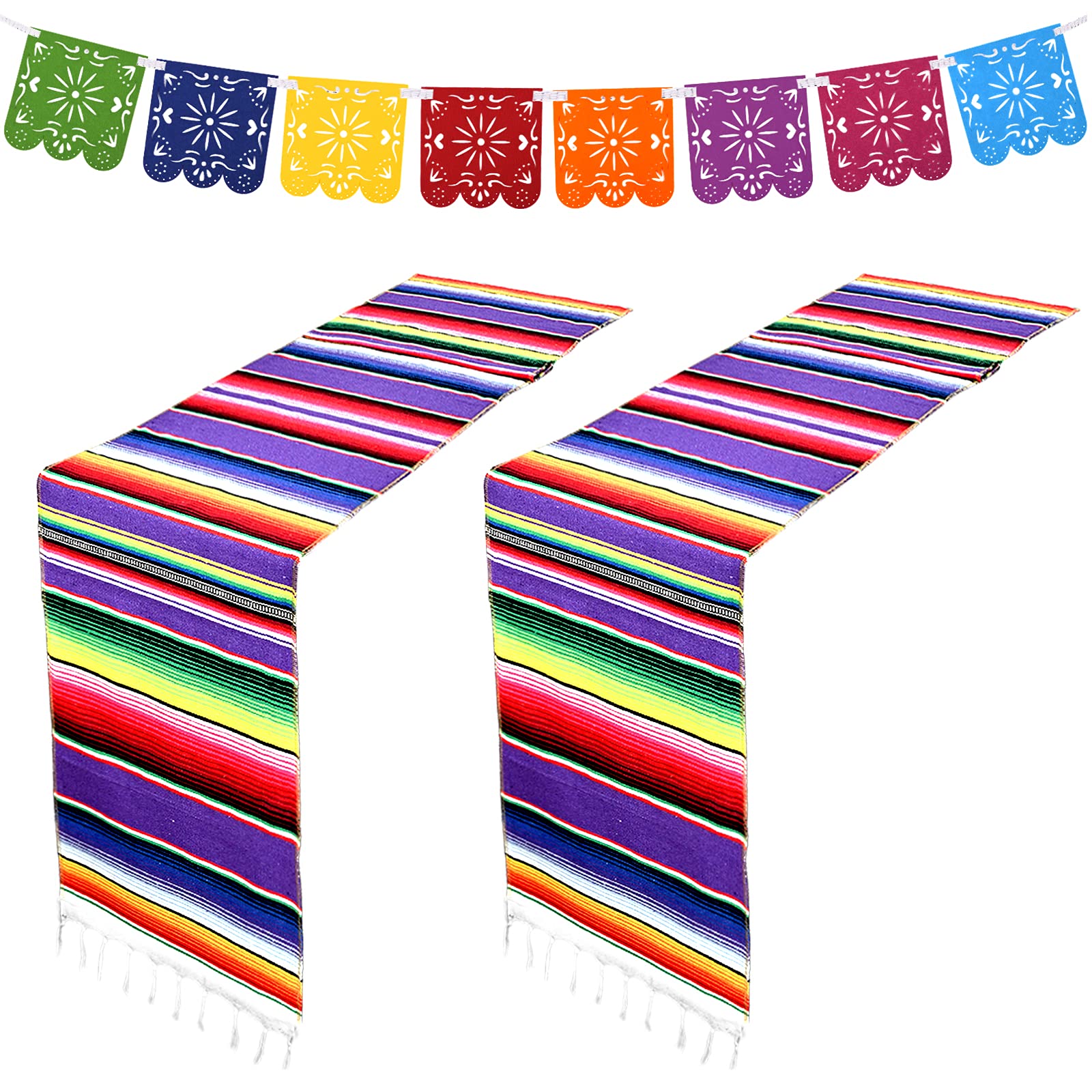 2 Pack Mexican Serape Table Runner 14 x 84 Inch Hand-Woven Mexican Table Runner Colorful Striped Fringe Table Runner 8 Pcs Banners for Mexican Theme Party Wedding Picnics Dining Table Decorations