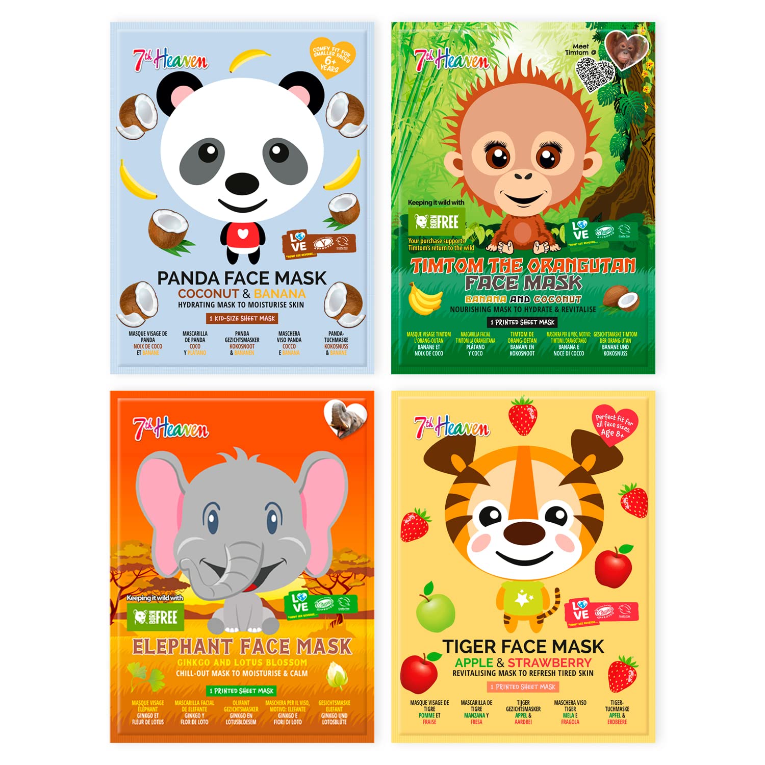 7th Heaven ‘Jungle Bundle’ with Elephant, Tiger, Panda and TimTom the Orangutan Animal Printed Sheet Masks to Soothe, Hydrate and Revitalise Dry and Tired Skin - Ideal for All Skin Types (Ages 8+)