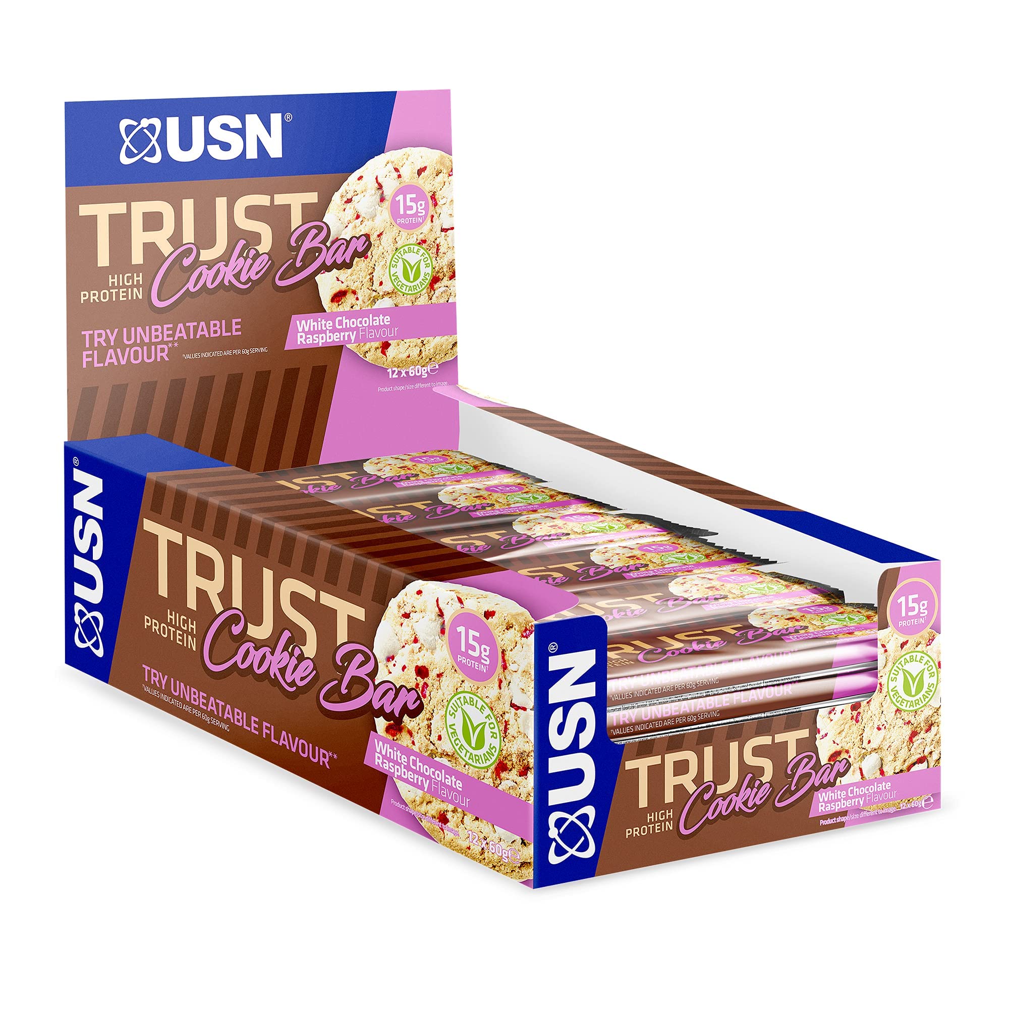 USN Trust Cookie Bar, White Chocolate & Raspberry Protein Cookie: High Protein Bars, Perfect On-the-Go & Post-Workout Protein Snacks (12 x 60g Bars per Pack)