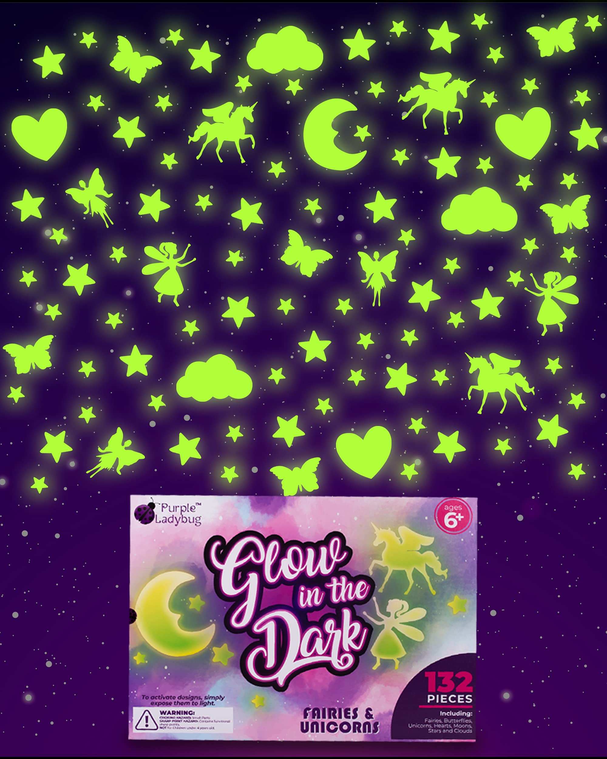 Purple Ladybug 132 Pieces of Glow in The Dark Stars, Unicorns, Fairies, Butterflies, & More - Great Accessories for Girls Bedroom, No Mess Ceiling & Wall Décor for Kids Room, Cool Birthday Girl Gifts