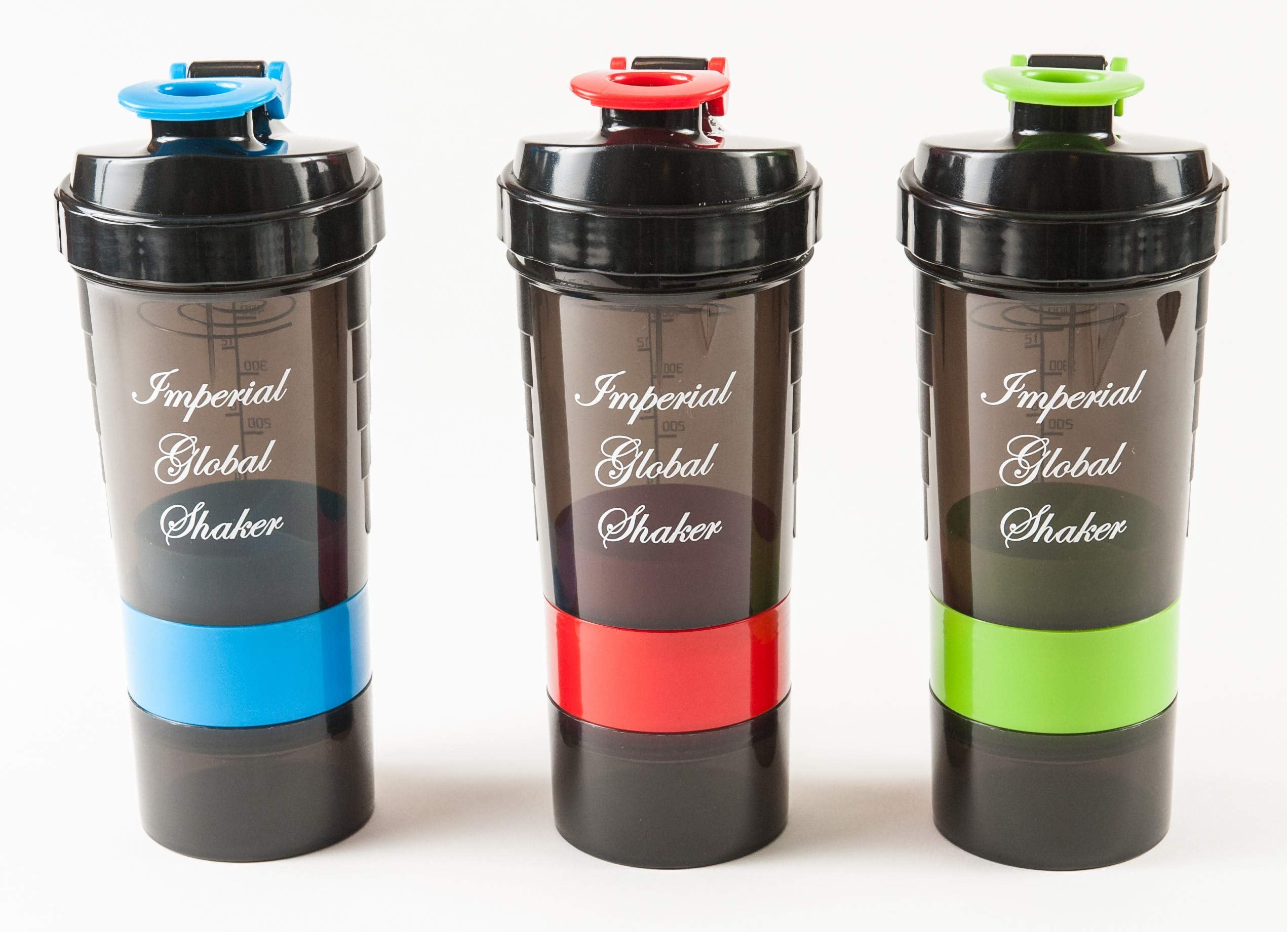 Best Value Protein Shaker Bottle (3 Pack) 500 ml Capacity with Two Storage Containers and Pill Tray. BPA Free.