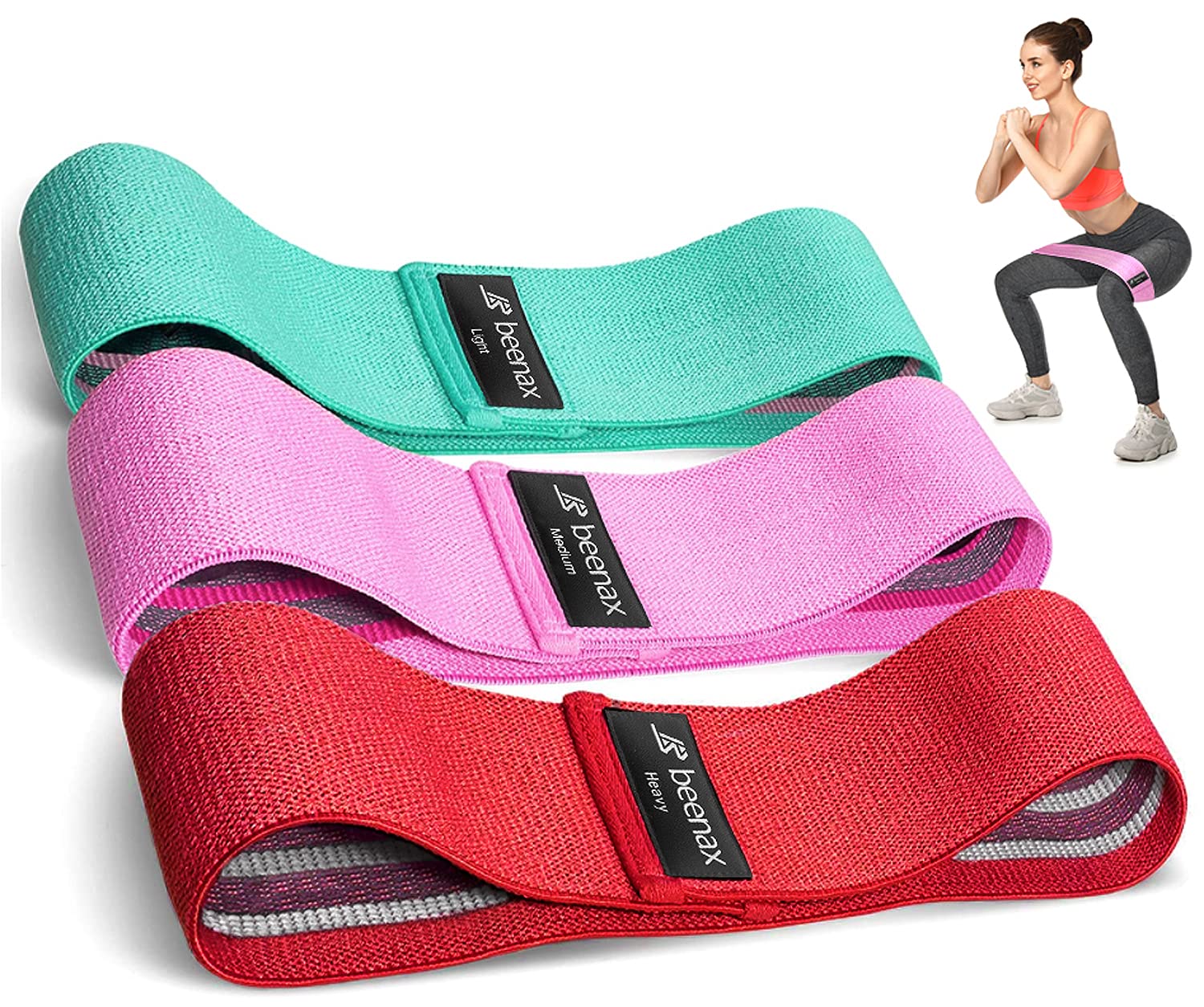 Beenax Resistance Bands 3 Sets - Exercise Loops with Non-Slip Design for Glutes & Hips - 3 Resistance Workout Levels, Booty Bands for Women, Home Fitness, Pilates & Yoga