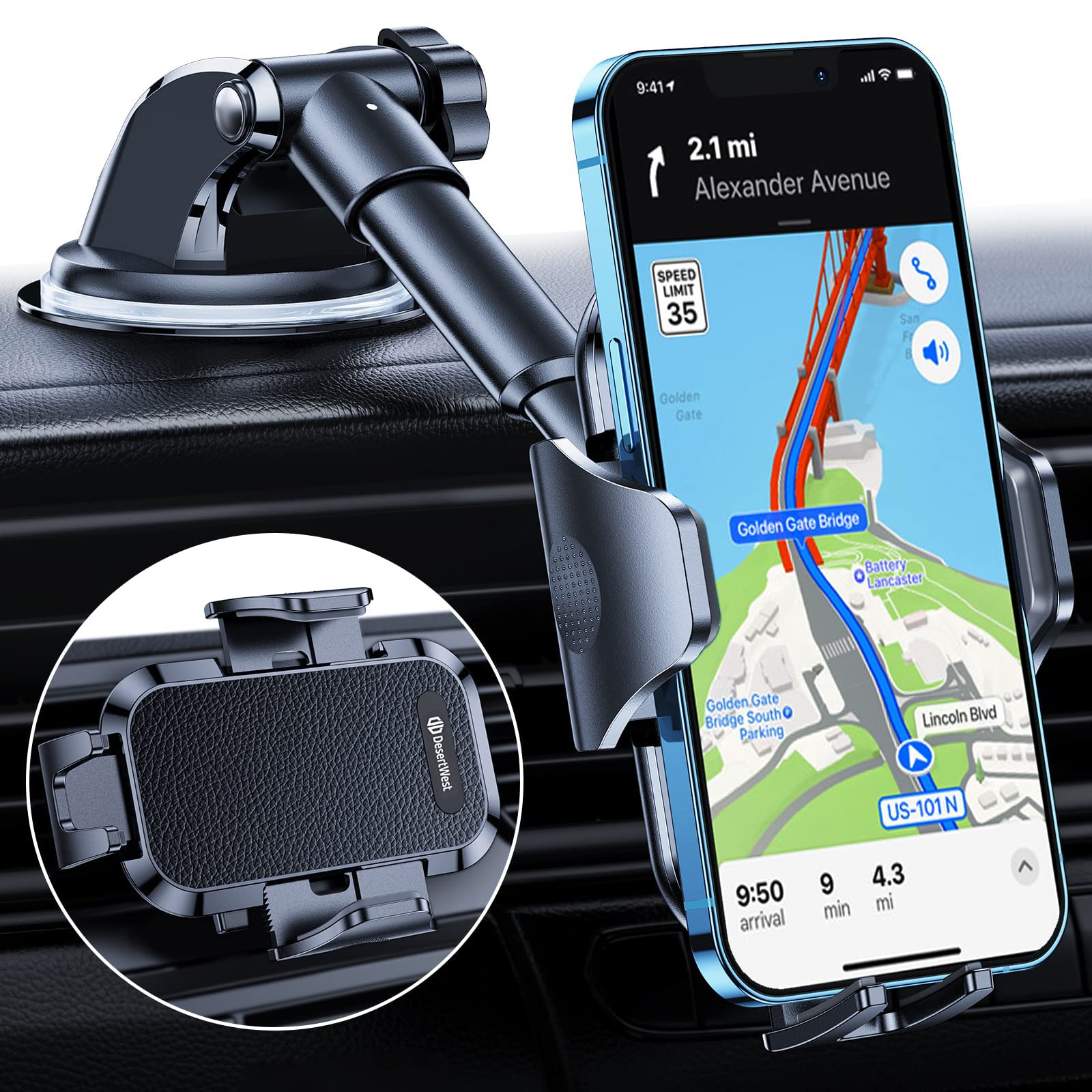 [2022 Sturdiest] DesertWest Car Phone Holder Mount [Unbreakable & Never Fall Off] Phone Holder for Cars Universal Mobile Phone Cradle for iPhone 11 12 13 Pro Max Samsung Air Vent Dashboard Windscreen