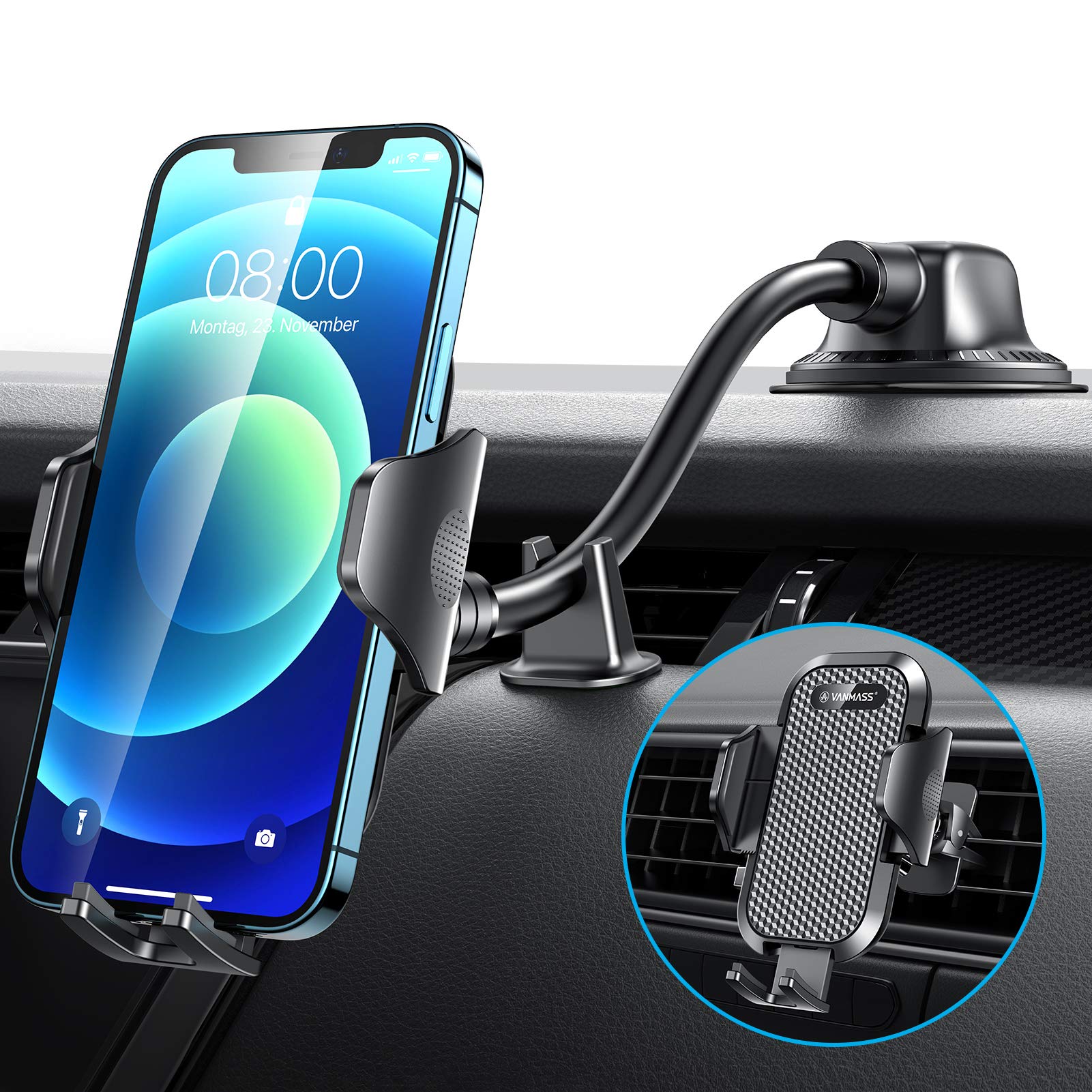 [Ultra Durable Gooseneck] VANMASS Car Phone Holder Windscreen Mount, Flexible Long Arm Mobile Phone Holder for Cars Dashboard Vent Universal Automobile Cradle Stand Compatible with iPhone 13 Samsung