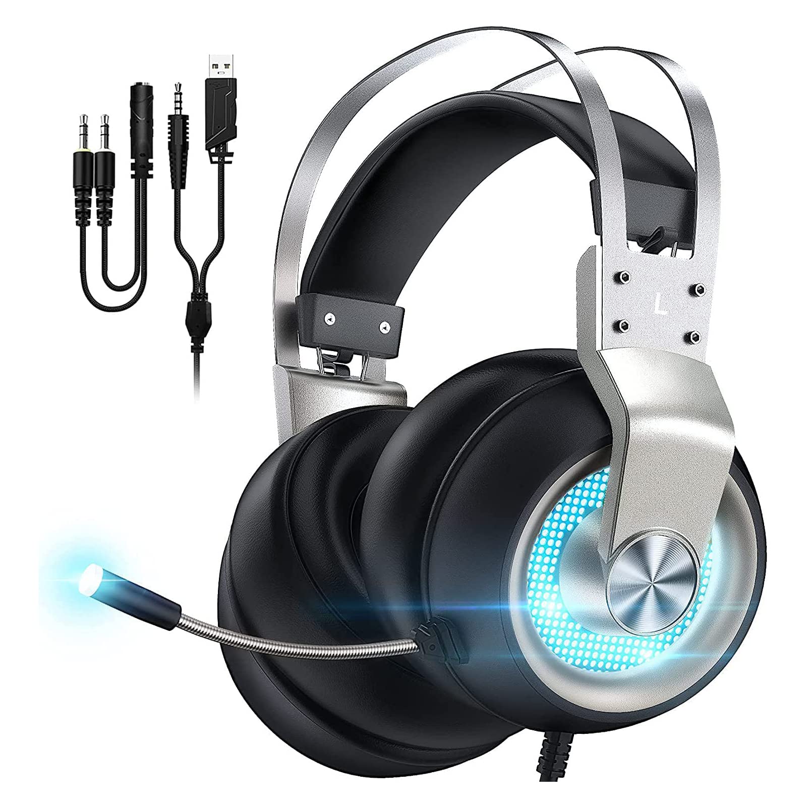 Clossity Gaming Headset for PC PS4 Xbox One, 7.1 Surround Sound, Noise Cancelling Mic, In-line Volume Control, Over-Ear Gaming Headset for PS5 Mac, 3.5mm Headset with LED Lights