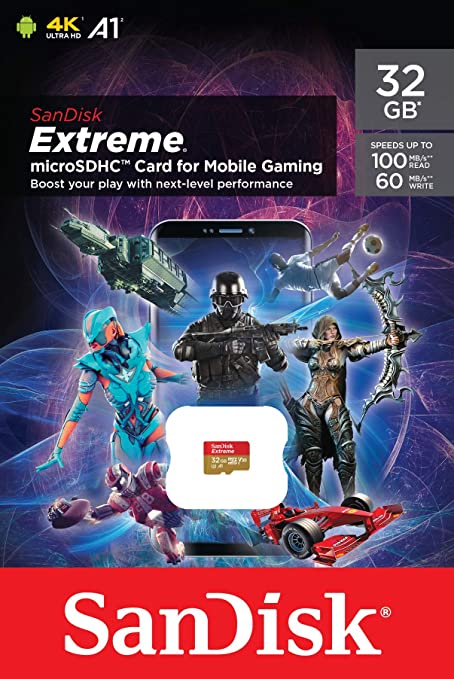SanDisk Extreme 32GB microSD Card for Mobile Gaming, with A2 App Performance, supports AAA/3D/VR game graphics and 4K UHD Video, 100MB/s Read Class 10, UHS-I, U3, V30