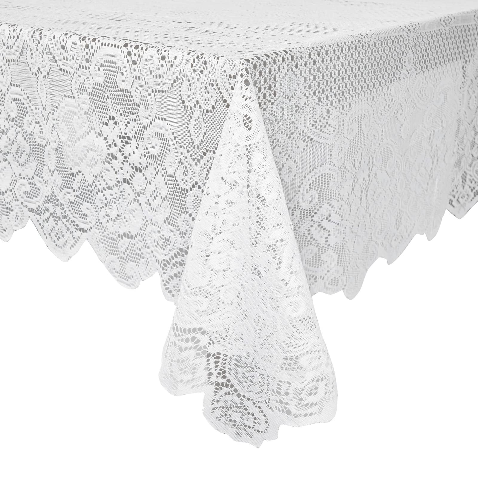 Rectangular Lace Tablecloth with Elegant Floral Patterns, White, 242 x 146 cm